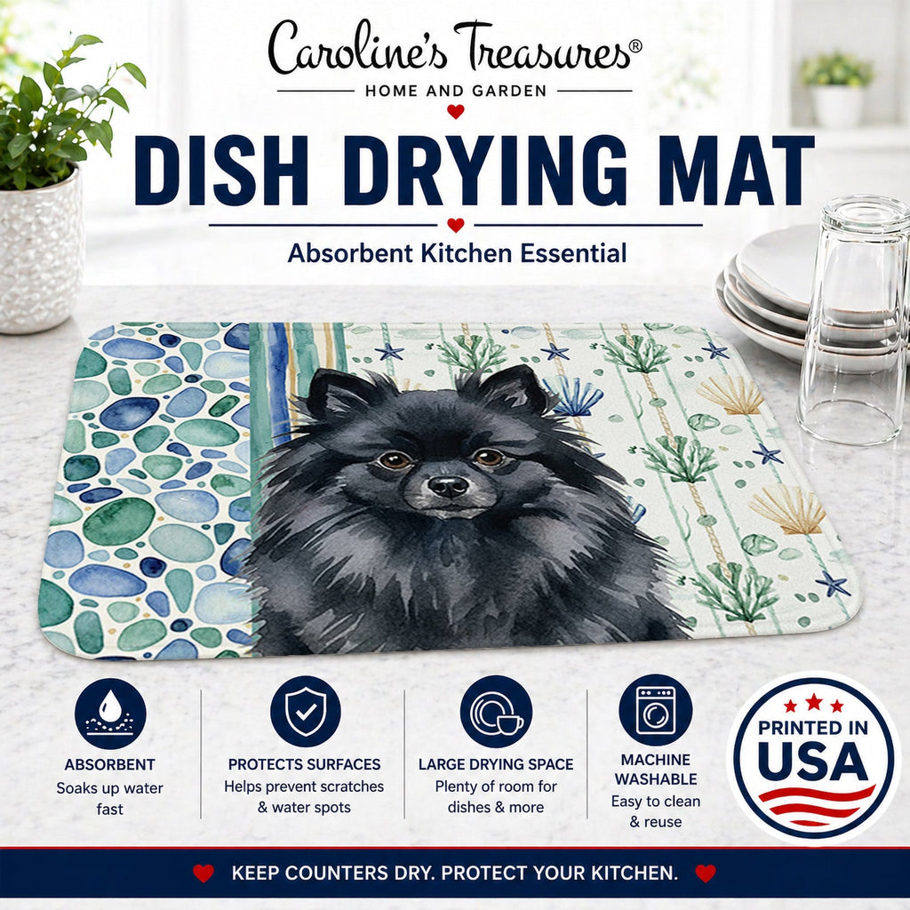 Black Pomeranian Coastal Sea Glass Dish Drying Mat Absorbent Dish Drying Mat Pad for Kitchen Counter Dish Drainer Mat for Countertop, 14 x 21", Multicolor