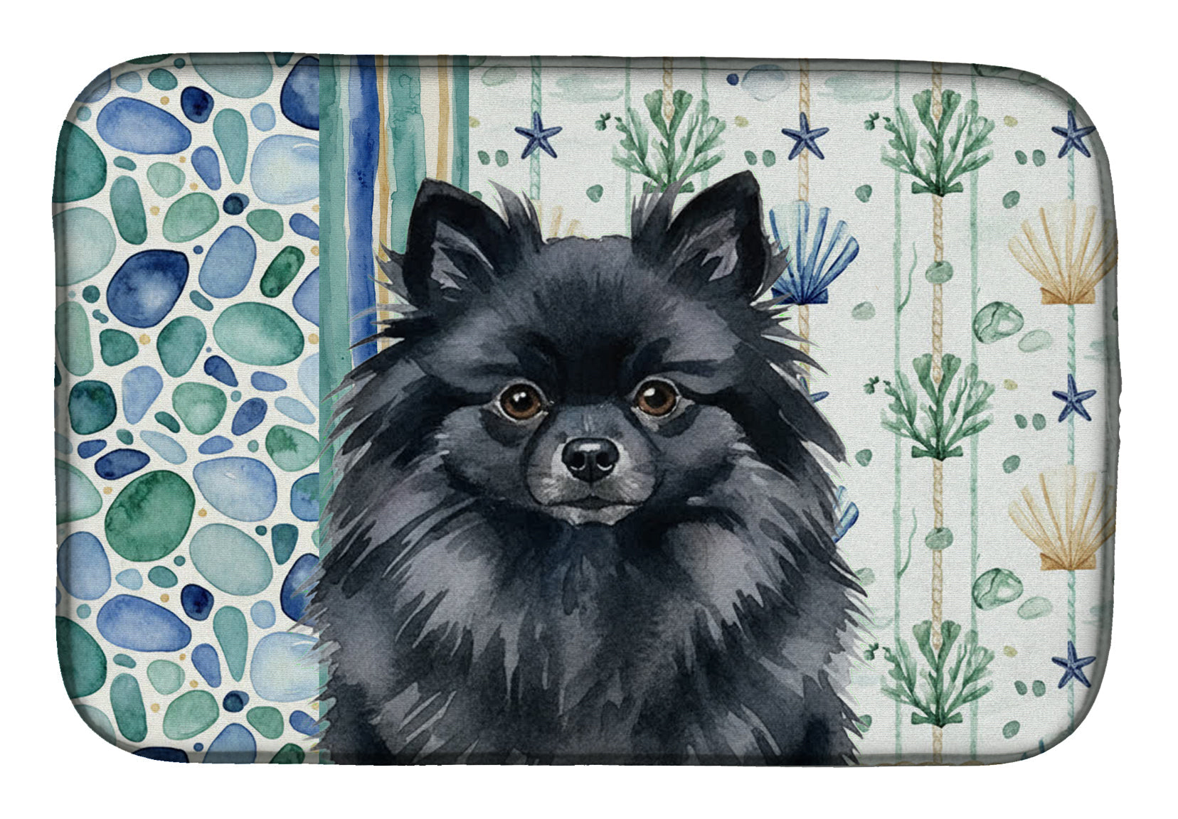 Black Pomeranian Coastal Sea Glass Dish Drying Mat Absorbent Dish Drying Mat Pad for Kitchen Counter Dish Drainer Mat for Countertop, 14 x 21", Multicolor