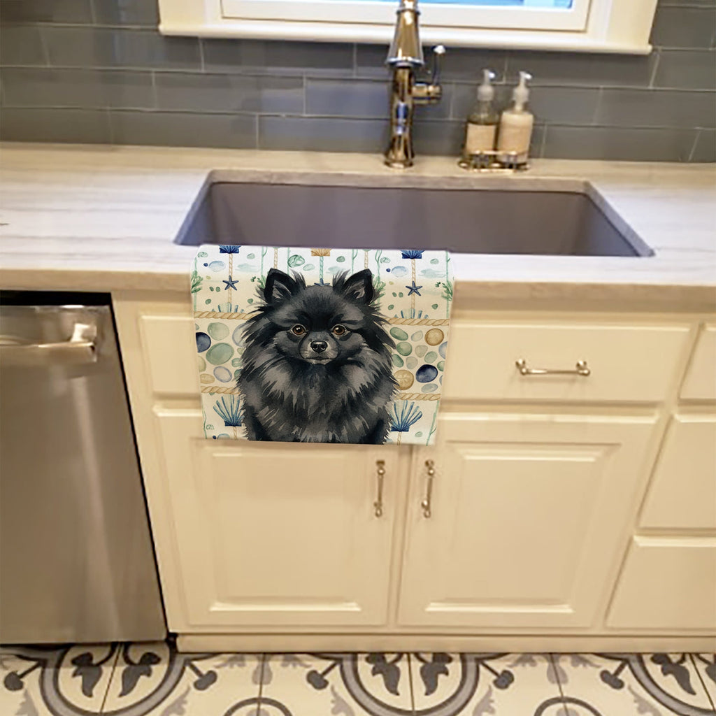 Black Pomeranian Coastal Sea Glass Kitchen Towel Velour Plush Front and Cotton Loop Back Machine Washable