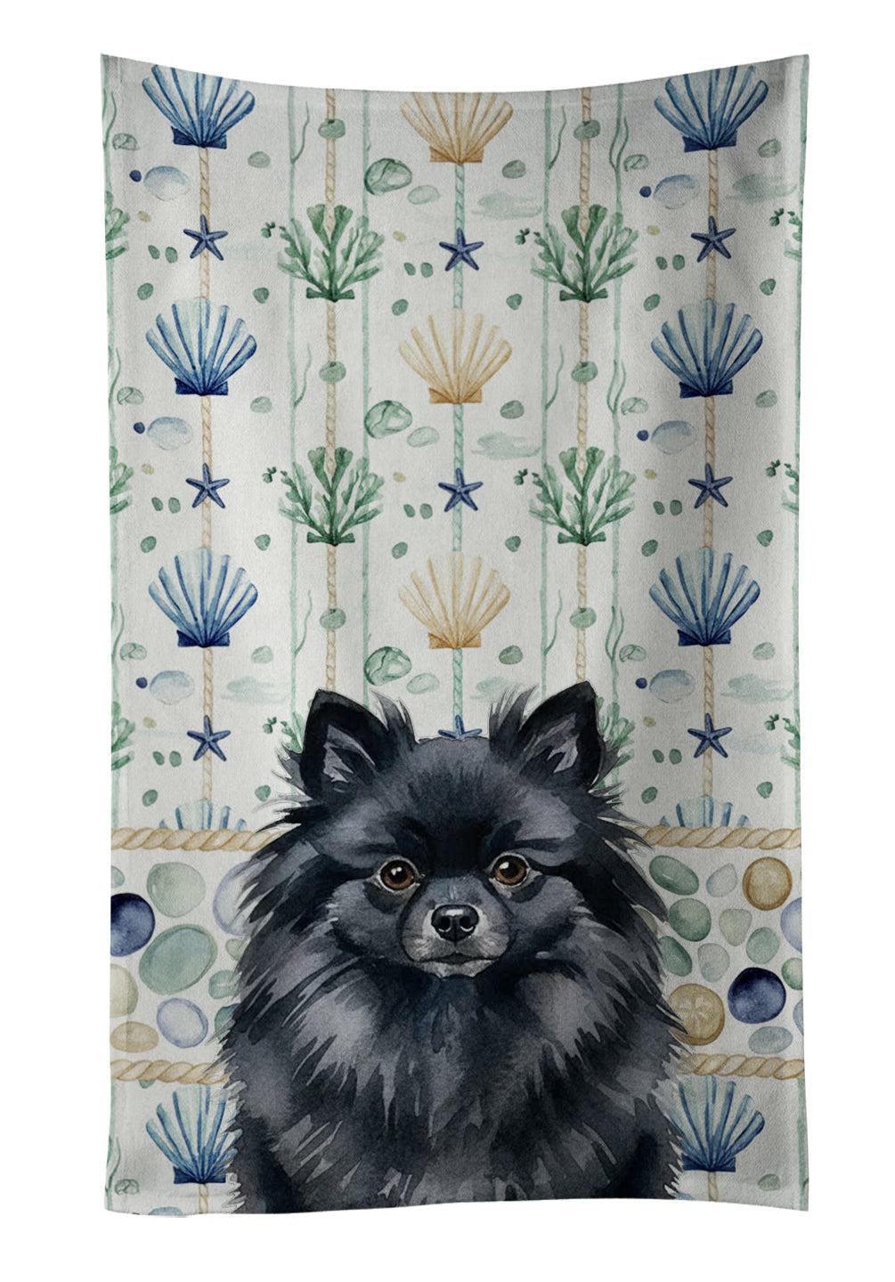 Black Pomeranian Coastal Sea Glass Kitchen Towel Velour Plush Front and Cotton Loop Back Machine Washable