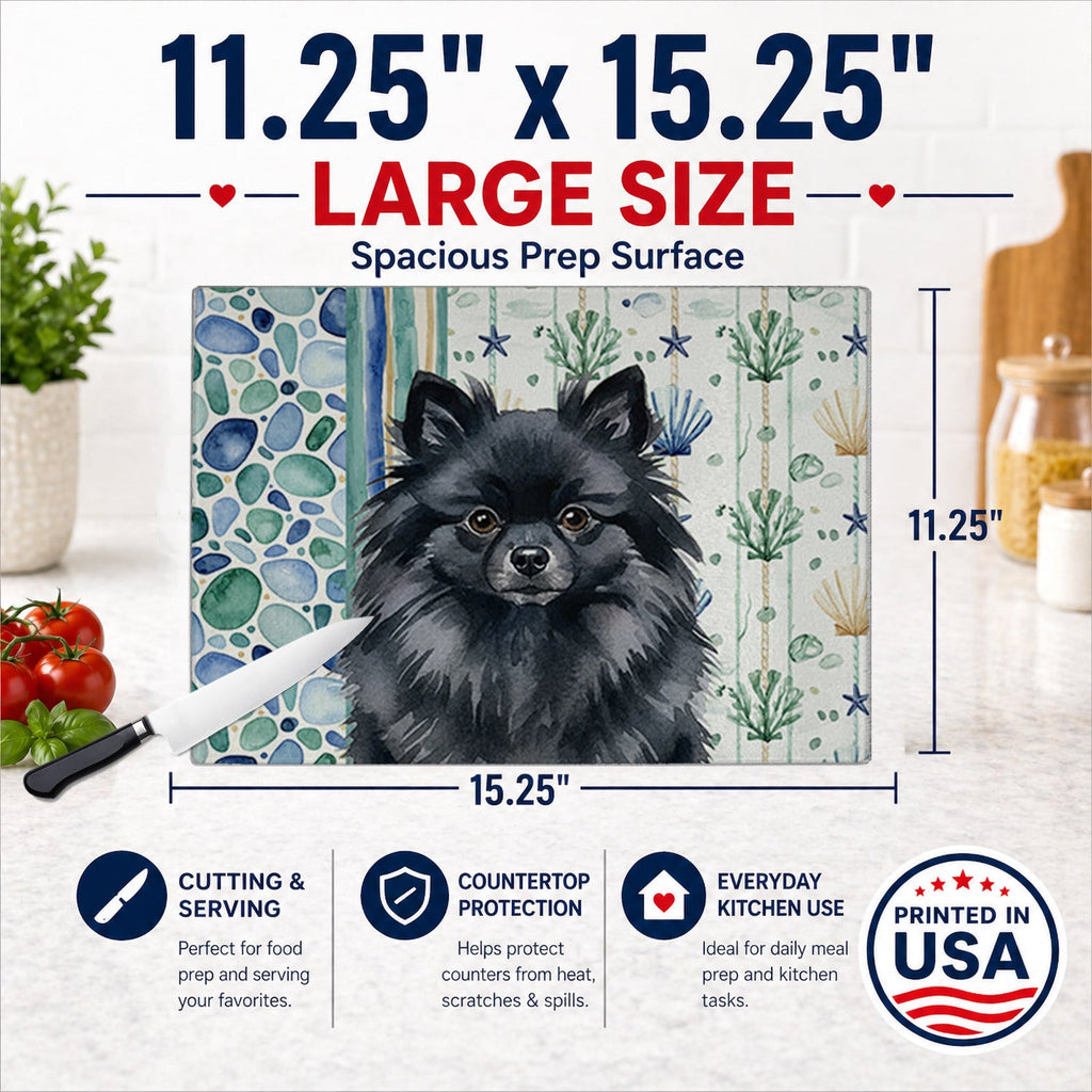 Black Pomeranian Coastal Sea Glass Cutting Board Tempered Glass Kitchen Cutting Surface, Heat Resistant Chopping, Non-Slip Feet, Food Prep & Serving