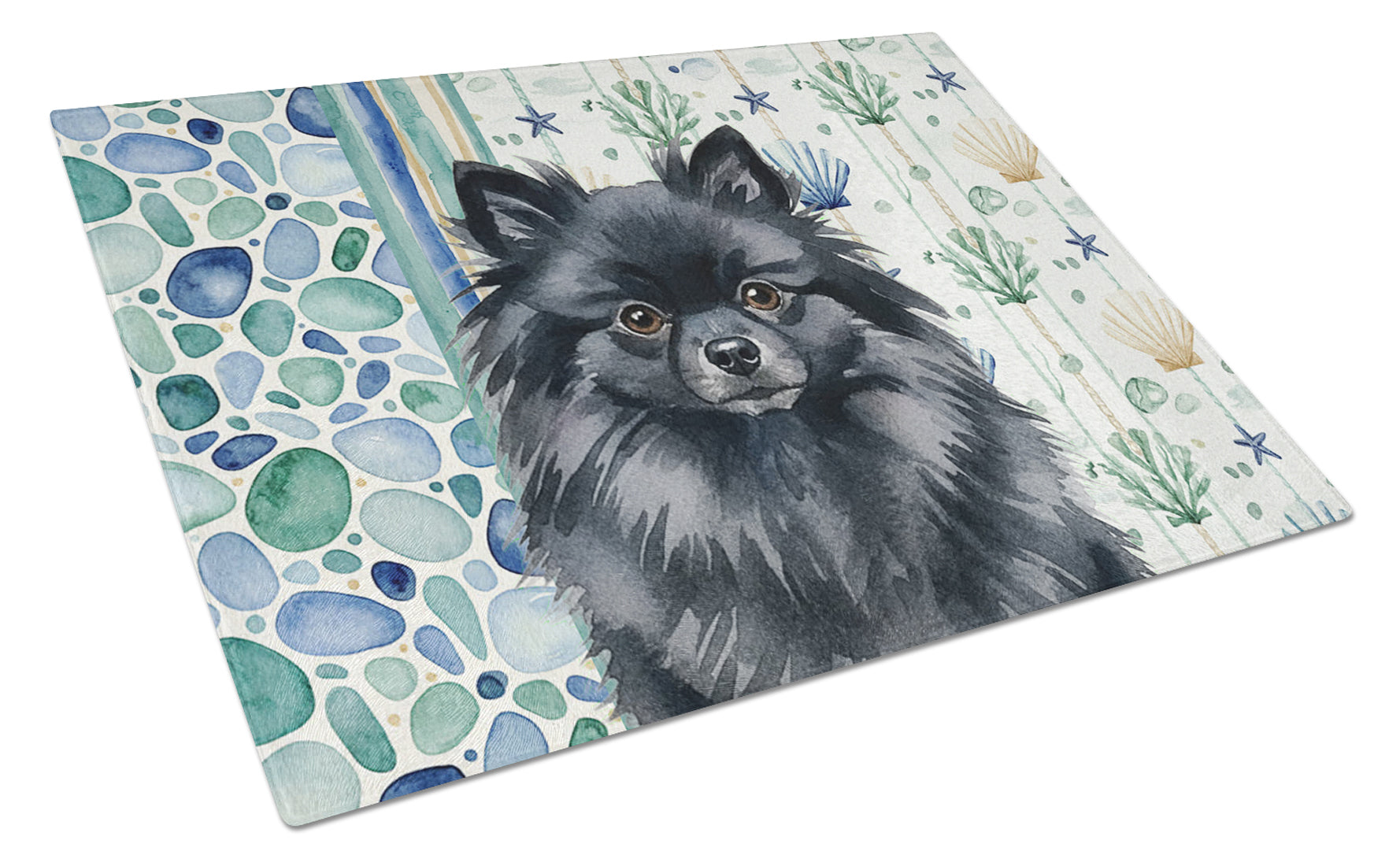 Black Pomeranian Coastal Sea Glass Cutting Board Tempered Glass Kitchen Cutting Surface, Heat Resistant Chopping, Non-Slip Feet, Food Prep & Serving