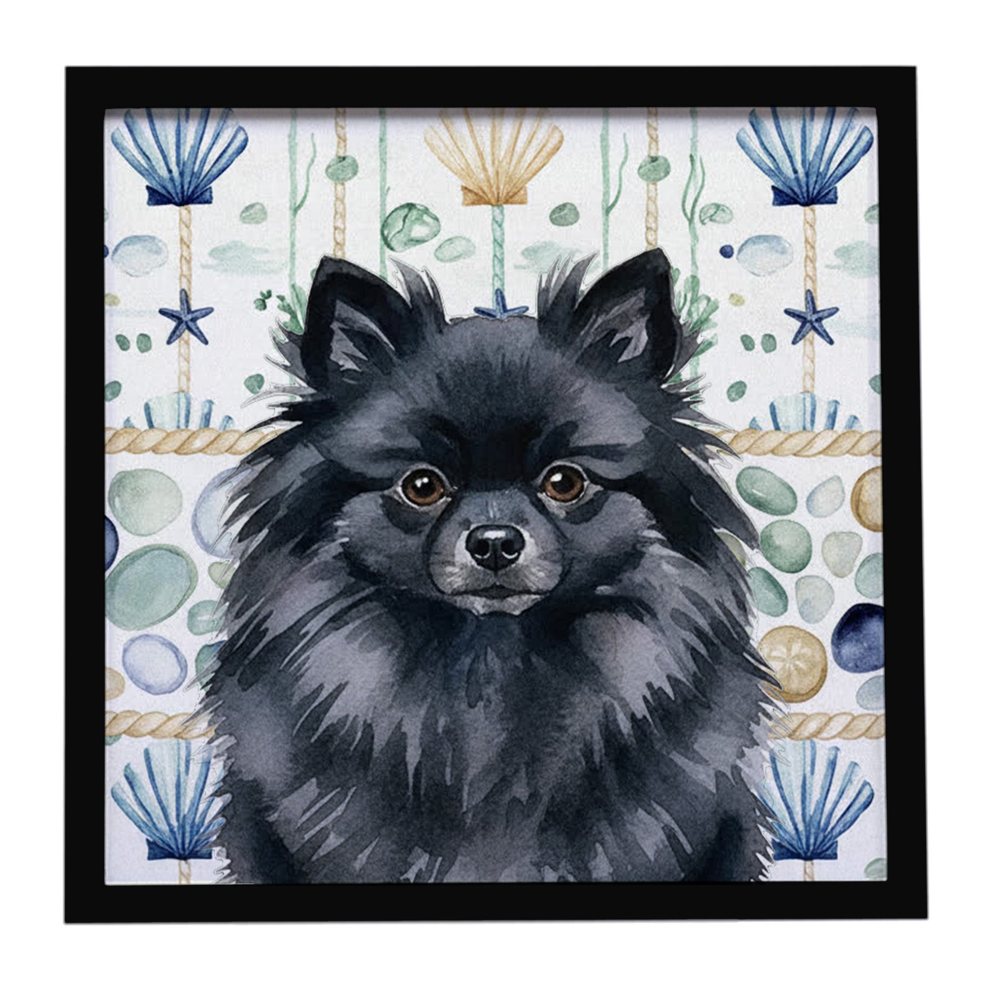 Black Pomeranian Coastal Sea Glass Framed Metal Print Bathroom, Kitchen, Office, Home Decor Wall Art Ready to Hang, Square, 8X8