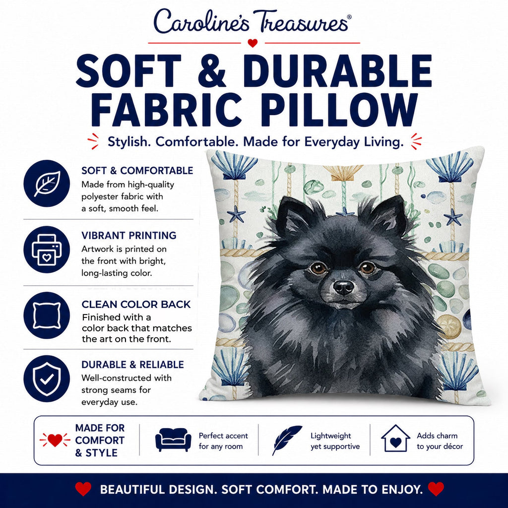 Black Pomeranian Coastal Sea Glass Decorative Throw Pillow 14x14 Indoor Outdoor Accent Cushion, Fabric Cover with Insert for Sofa, Bed, Porch & Living Room