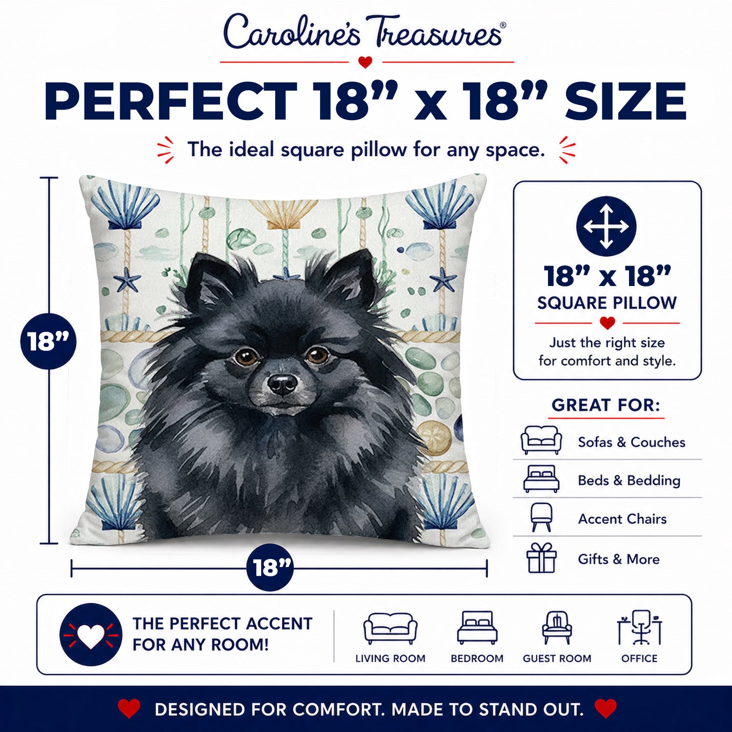Black Pomeranian Coastal Sea Glass Decorative Throw Pillow 18x18 Indoor Outdoor Accent Cushion, Fabric Cover with Insert for Sofa, Bed, Porch & Living Room