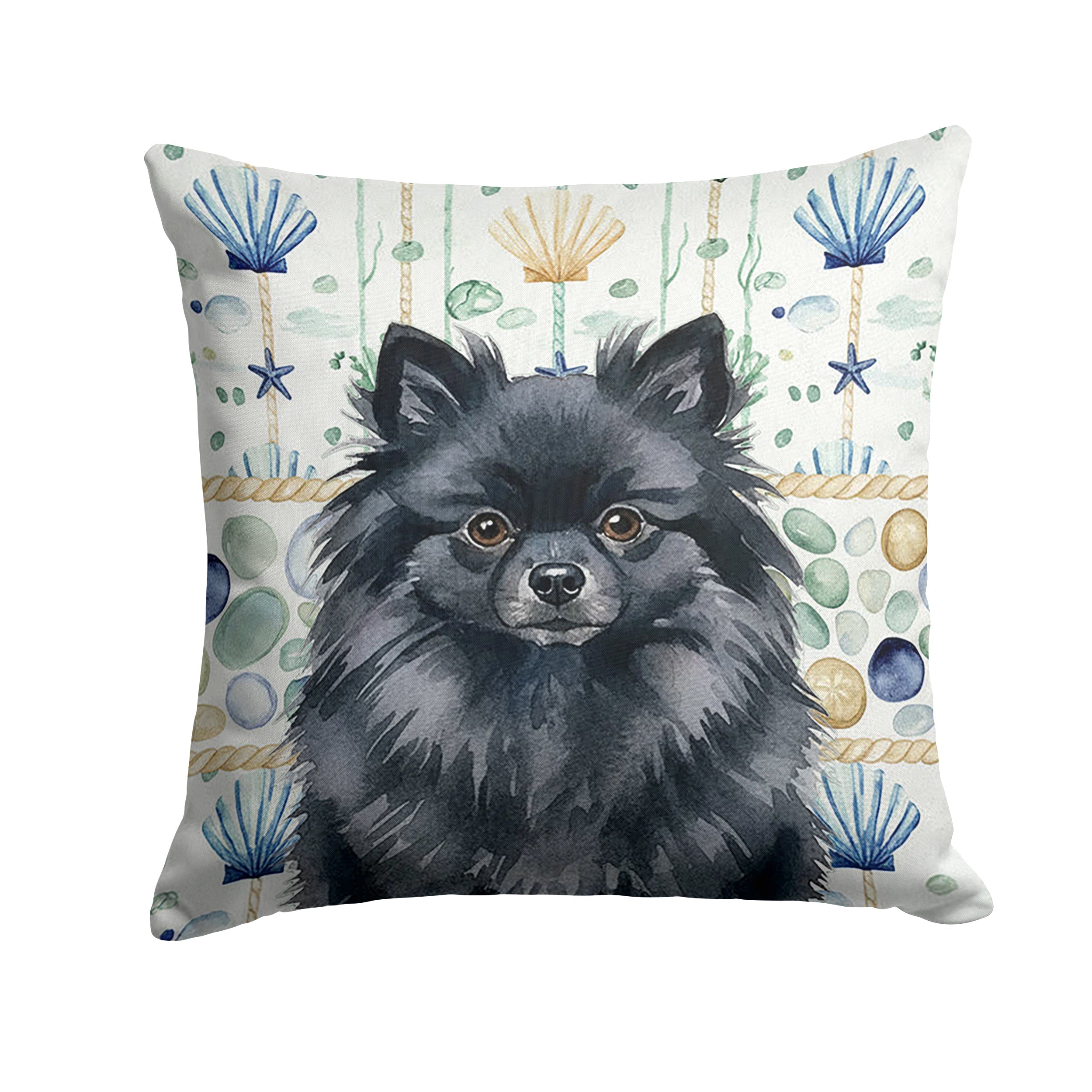 Black Pomeranian Coastal Sea Glass Decorative Throw Pillow 18x18 Indoor Outdoor Accent Cushion, Fabric Cover with Insert for Sofa, Bed, Porch & Living Room