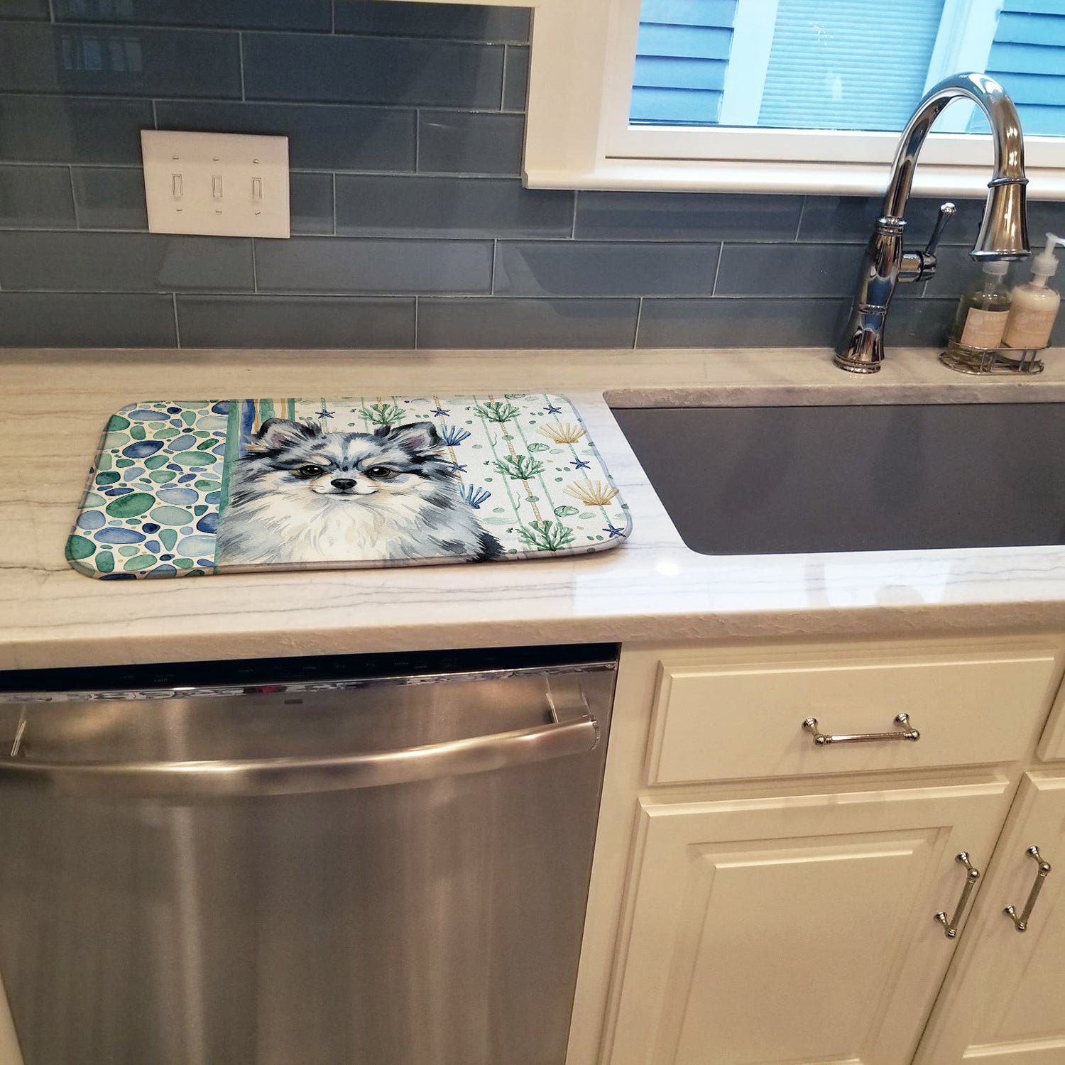 Blue Merle Pomeranian Coastal Sea Glass Dish Drying Mat Absorbent Dish Drying Mat Pad for Kitchen Counter Dish Drainer Mat for Countertop, 14 x 21", Multicolor
