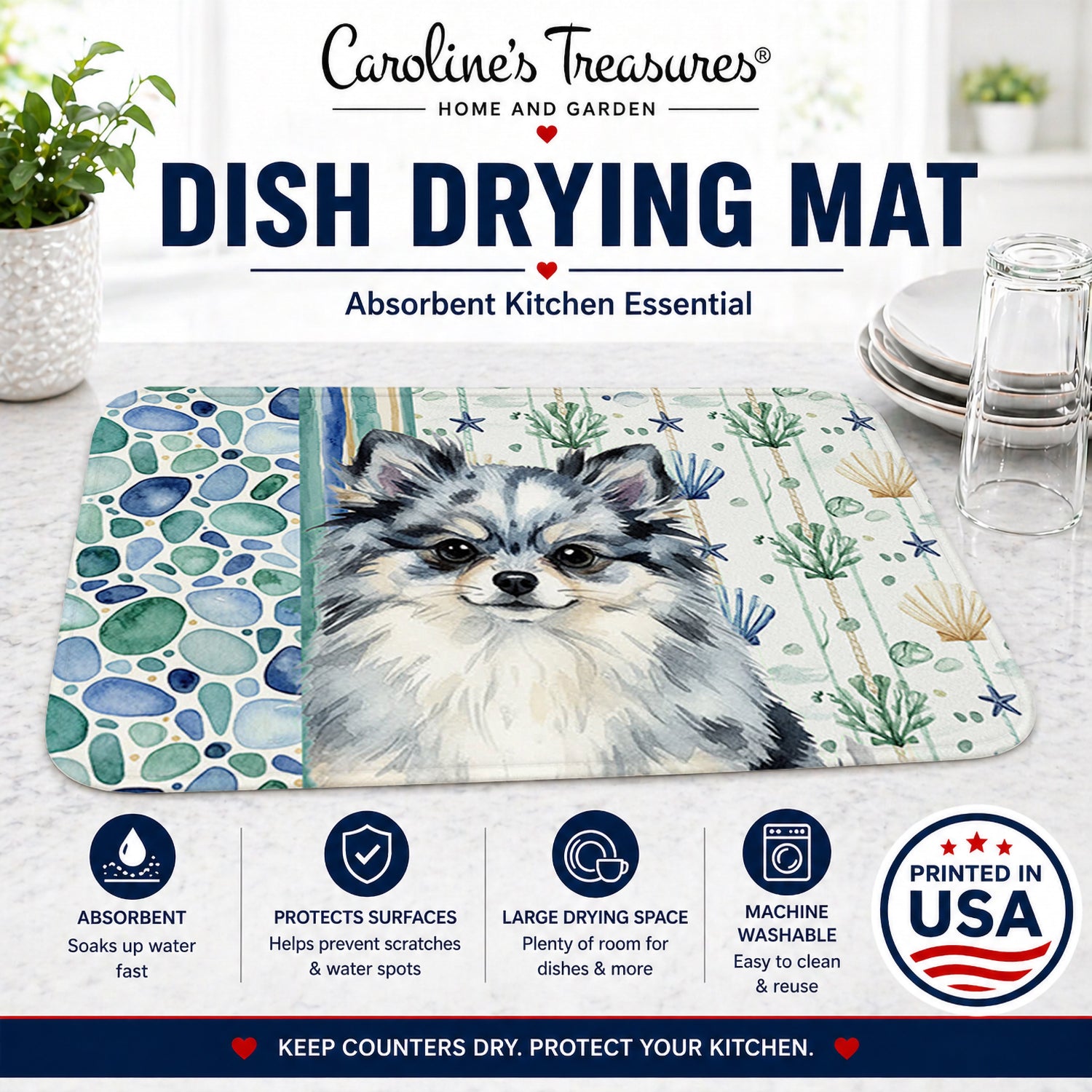 Blue Merle Pomeranian Coastal Sea Glass Dish Drying Mat Absorbent Dish Drying Mat Pad for Kitchen Counter Dish Drainer Mat for Countertop, 14 x 21", Multicolor