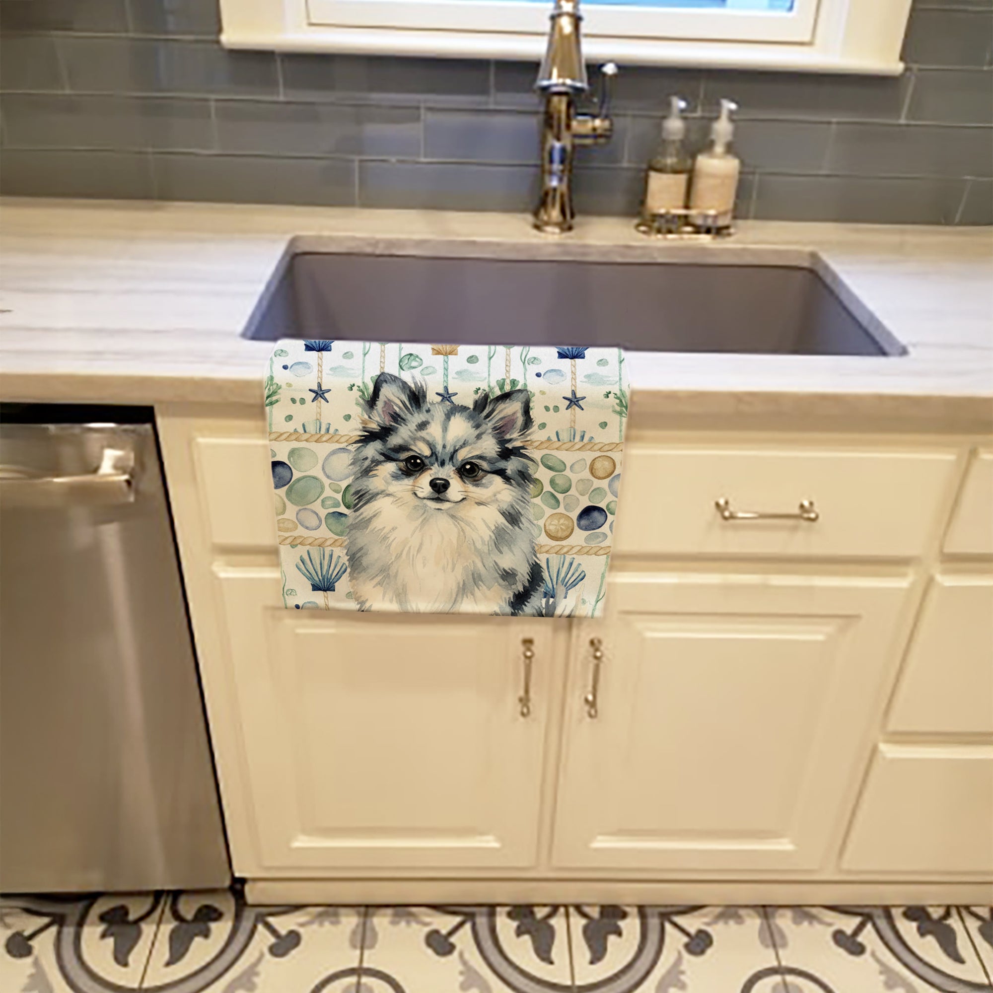 Blue Merle Pomeranian Coastal Sea Glass Kitchen Towel Velour Plush Front and Cotton Loop Back Machine Washable