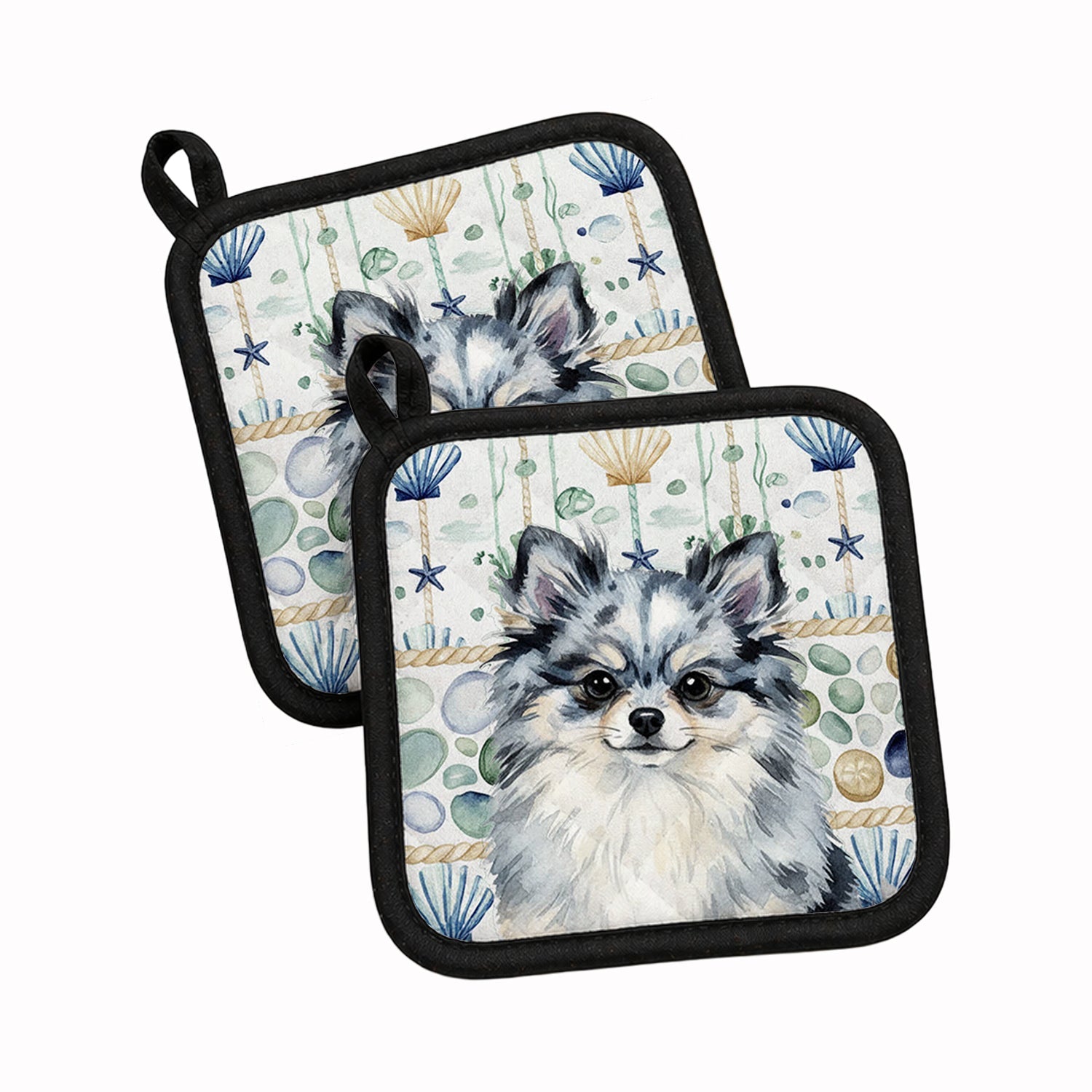 Blue Merle Pomeranian Coastal Sea Glass Pot Holder Set of 2 Heat Resistant Quilted Hot Pads 7.5 x 7.5 Inch, Insulated Kitchen Trivets for Cooking & Baking