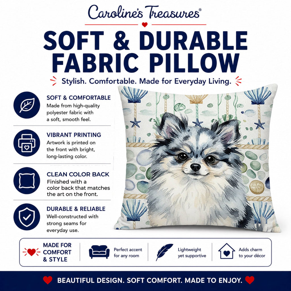 Blue Merle Pomeranian Coastal Sea Glass Decorative Throw Pillow 14x14 Indoor Outdoor Accent Cushion, Fabric Cover with Insert for Sofa, Bed, Porch & Living Room