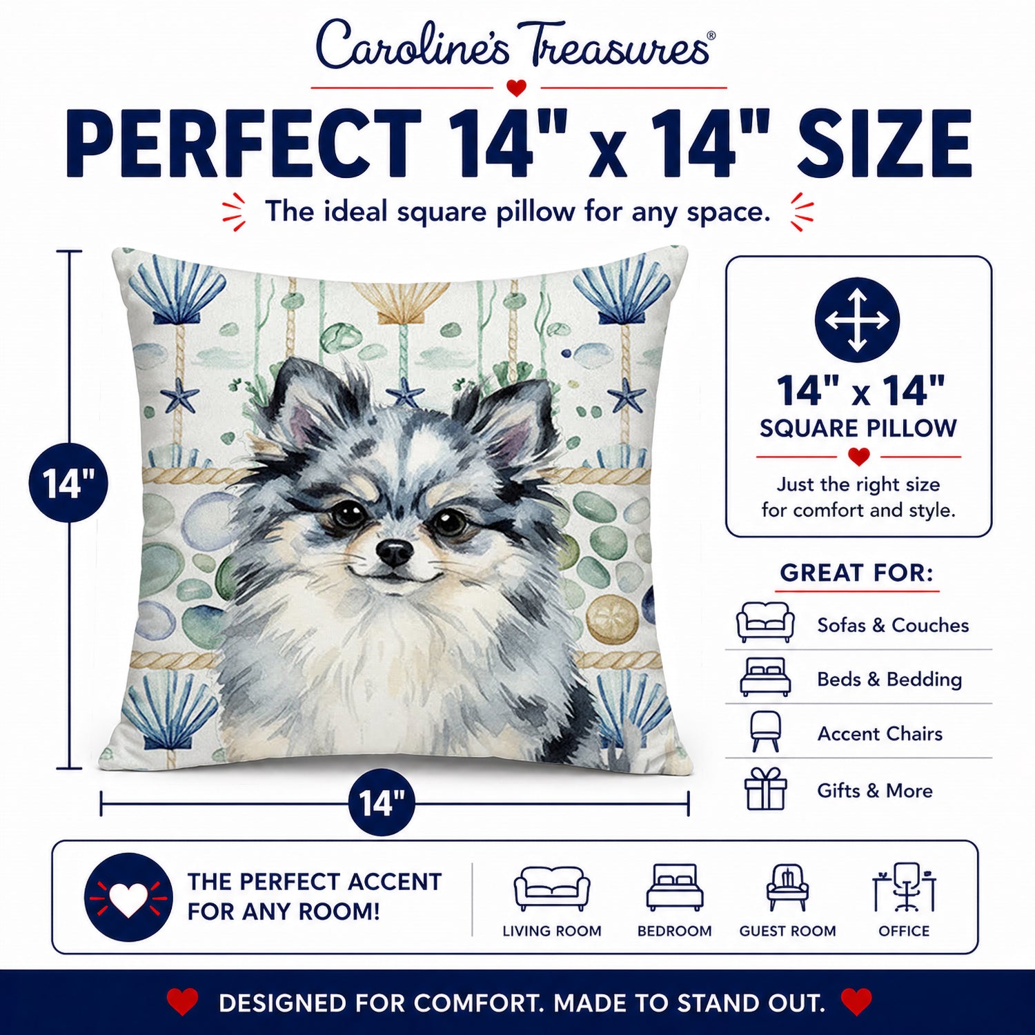 Blue Merle Pomeranian Coastal Sea Glass Decorative Throw Pillow 14x14 Indoor Outdoor Accent Cushion, Fabric Cover with Insert for Sofa, Bed, Porch & Living Room