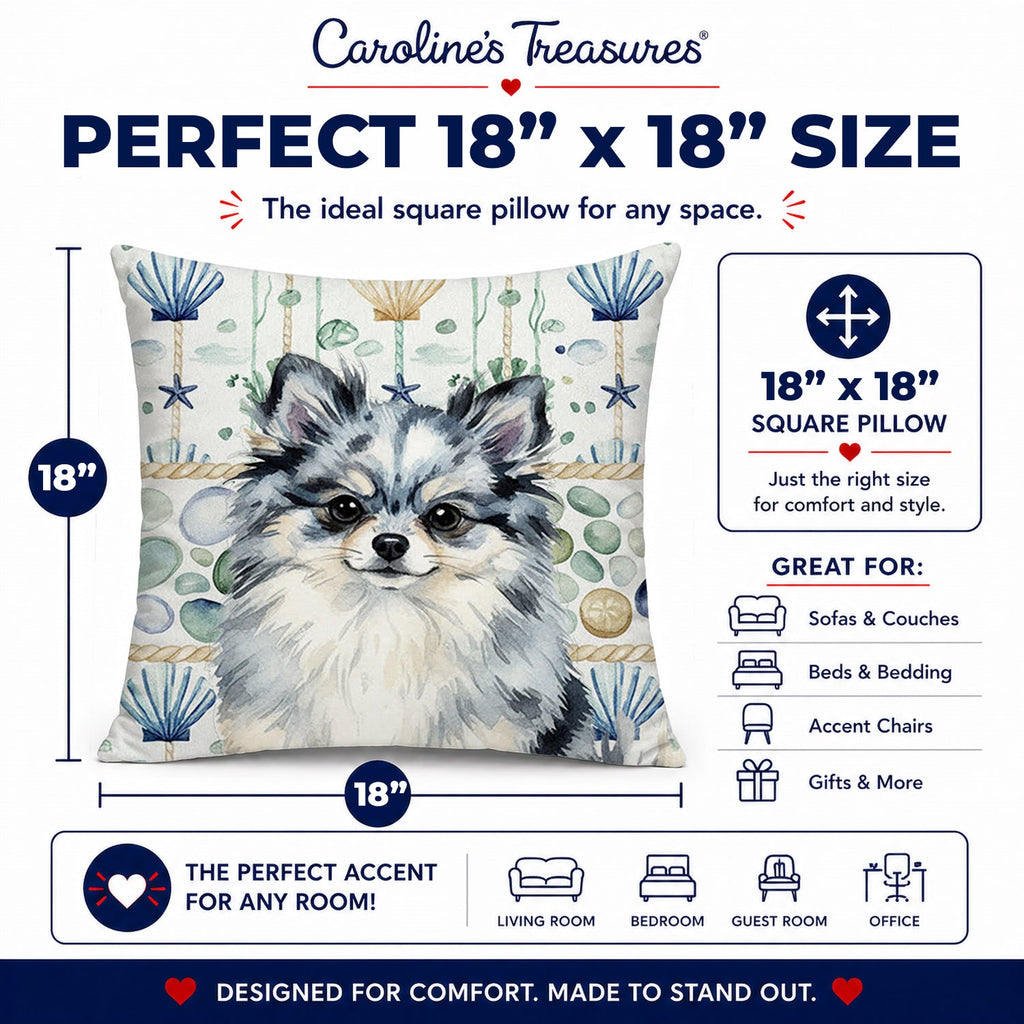 Blue Merle Pomeranian Coastal Sea Glass Decorative Throw Pillow 18x18 Indoor Outdoor Accent Cushion, Fabric Cover with Insert for Sofa, Bed, Porch & Living Room