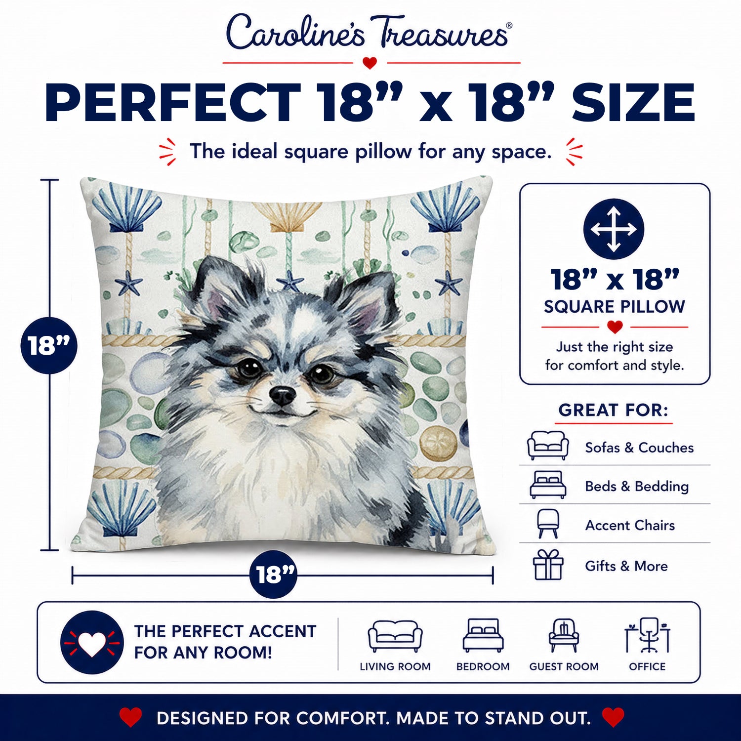 Blue Merle Pomeranian Coastal Sea Glass Decorative Throw Pillow 18x18 Indoor Outdoor Accent Cushion, Fabric Cover with Insert for Sofa, Bed, Porch & Living Room