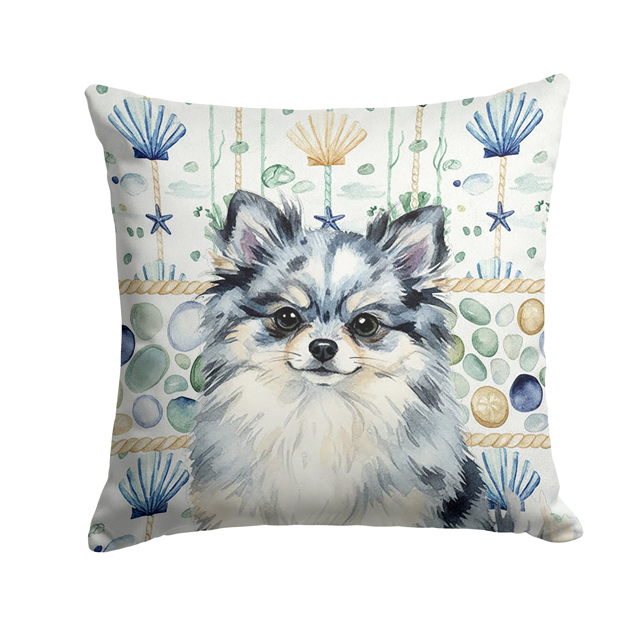 Blue Merle Pomeranian Coastal Sea Glass Decorative Throw Pillow 18x18 Indoor Outdoor Accent Cushion, Fabric Cover with Insert for Sofa, Bed, Porch & Living Room