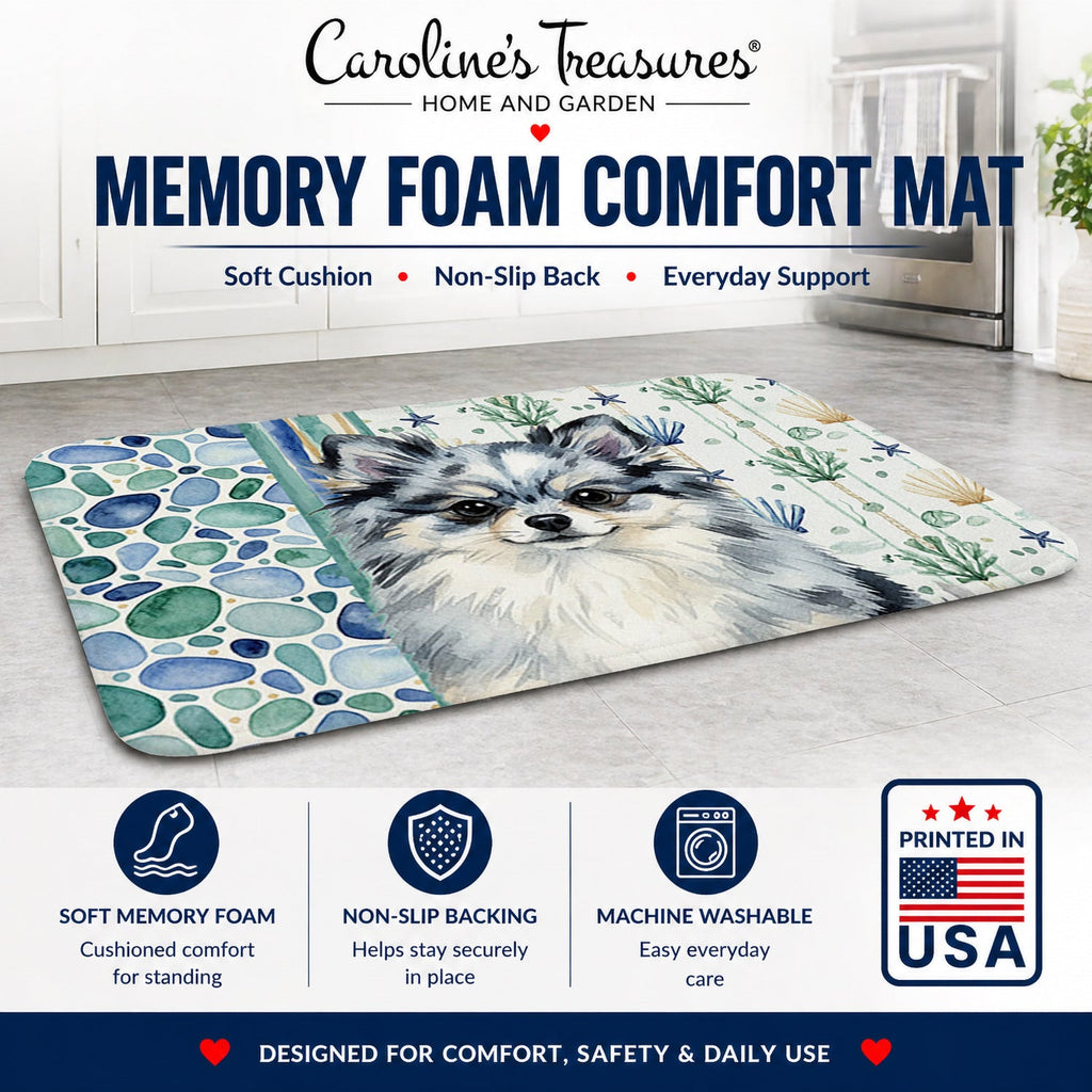 Blue Merle Pomeranian Coastal Sea Glass Memory Foam Kitchen Mat Machine Washable Anti-Fatigue Cushion Comfort Bath or Kitchen Rug