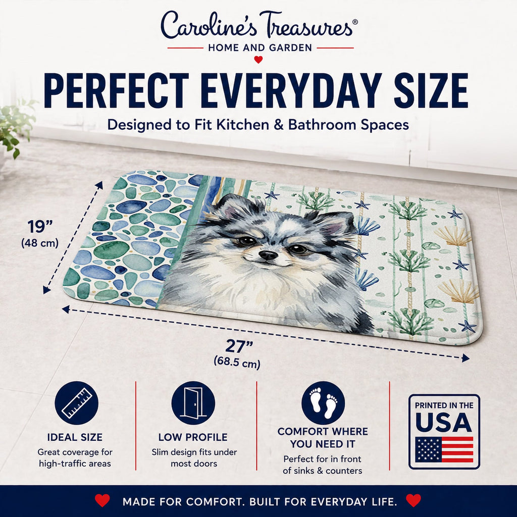 Blue Merle Pomeranian Coastal Sea Glass Memory Foam Kitchen Mat Machine Washable Anti-Fatigue Cushion Comfort Bath or Kitchen Rug