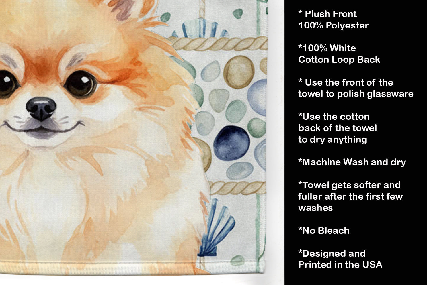 Pomeranian Coastal Sea Glass Kitchen Towel Velour Plush Front and Cotton Loop Back Machine Washable