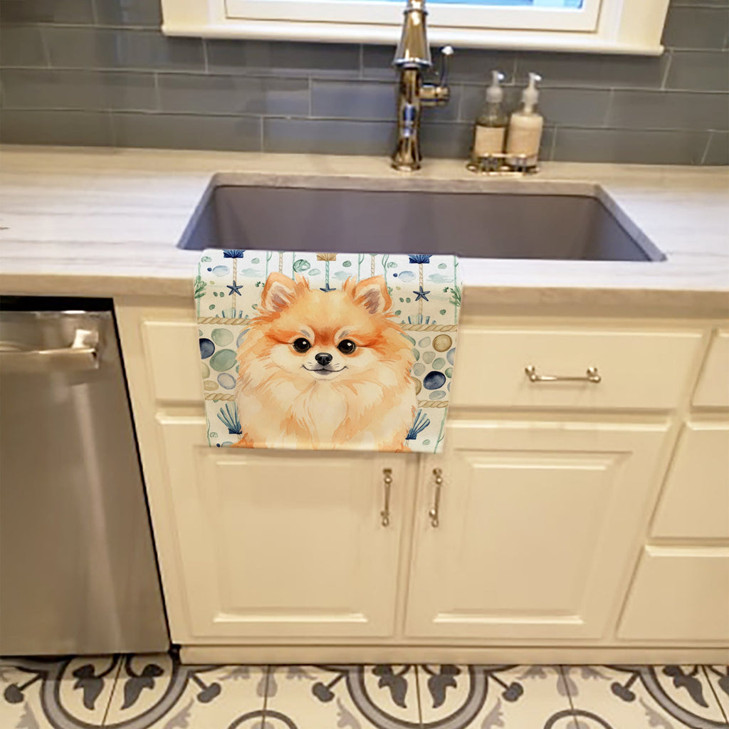 Pomeranian Coastal Sea Glass Kitchen Towel Velour Plush Front and Cotton Loop Back Machine Washable