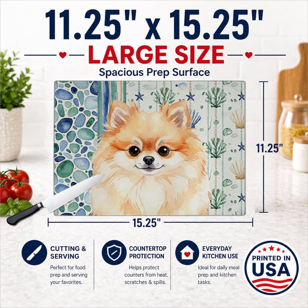 Pomeranian Coastal Sea Glass Cutting Board Tempered Glass Kitchen Cutting Surface, Heat Resistant Chopping, Non-Slip Feet, Food Prep & Serving