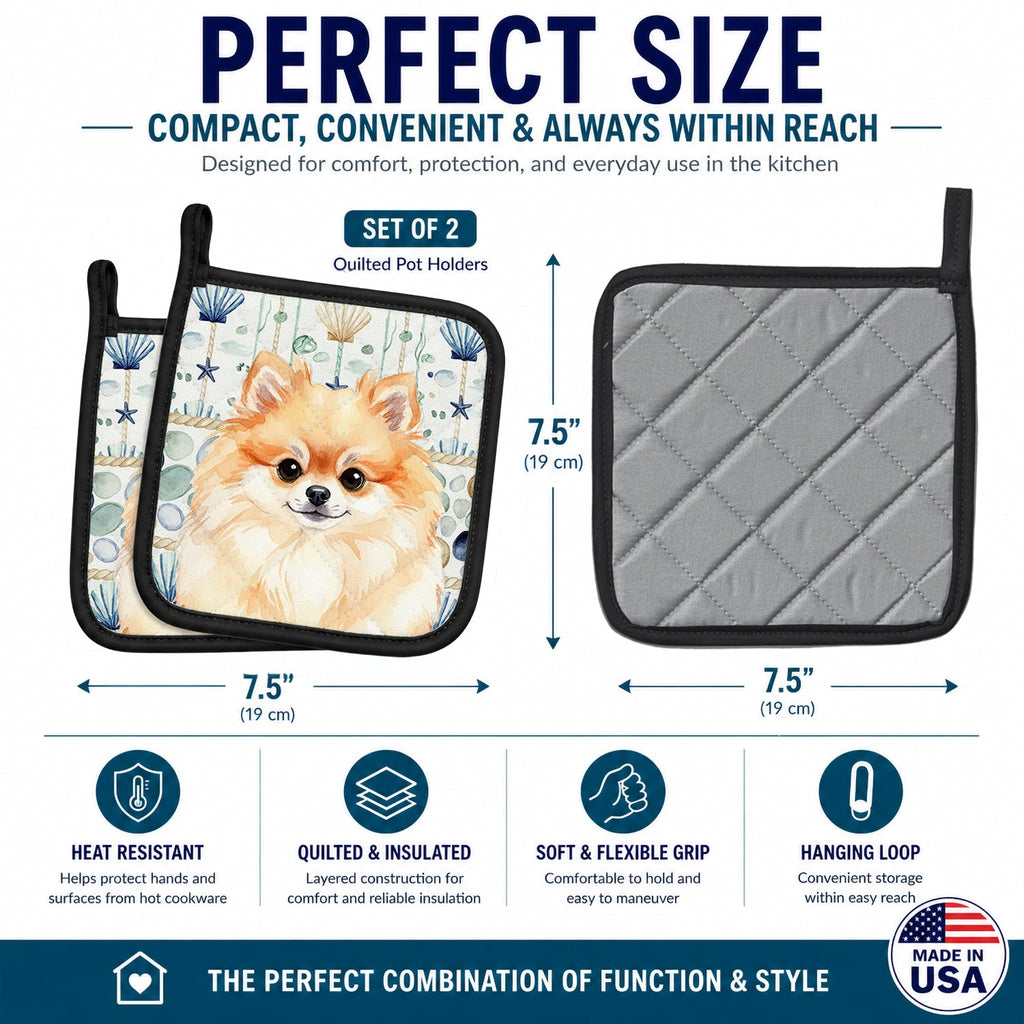Pomeranian Coastal Sea Glass Pot Holder Set of 2 Heat Resistant Quilted Hot Pads 7.5 x 7.5 Inch, Insulated Kitchen Trivets for Cooking & Baking