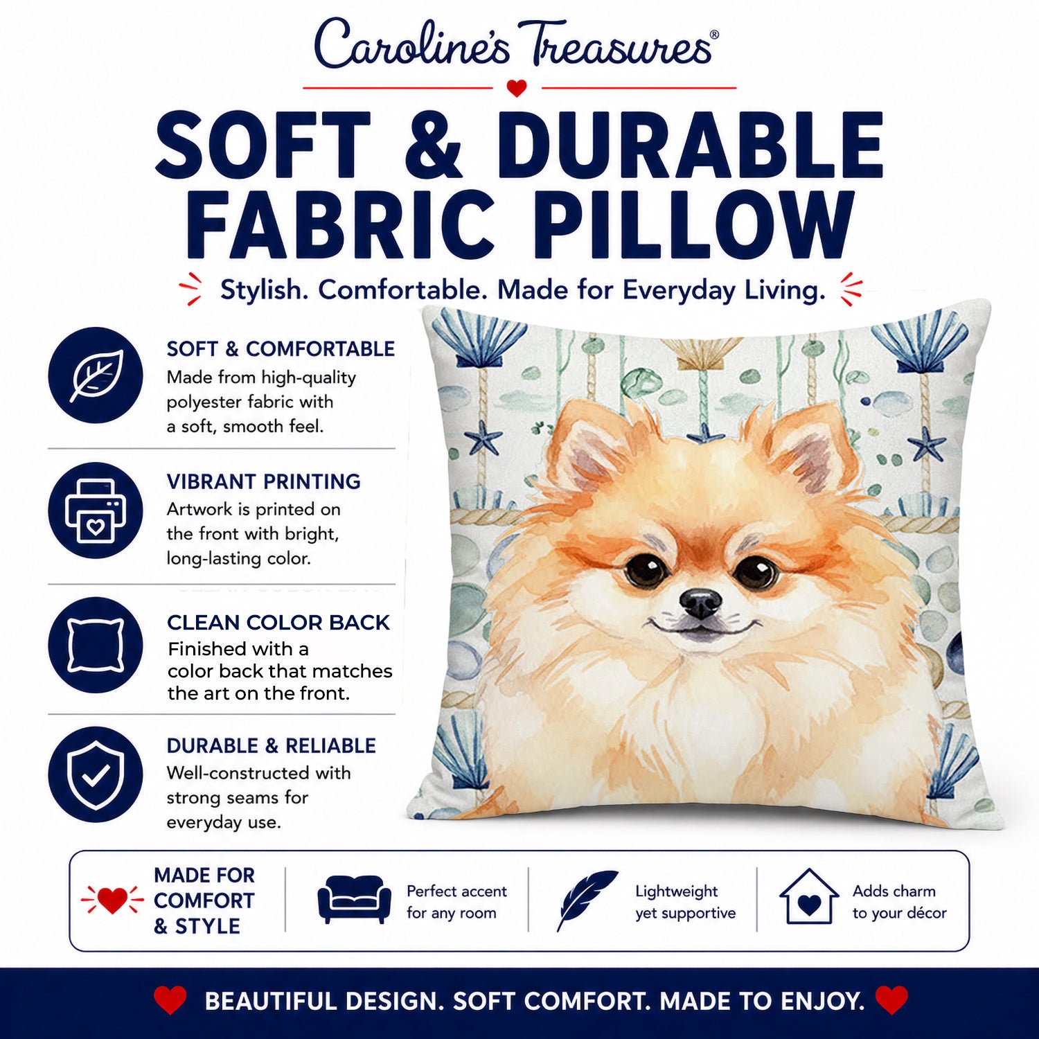 Pomeranian Coastal Sea Glass Decorative Throw Pillow 14x14 Indoor Outdoor Accent Cushion, Fabric Cover with Insert for Sofa, Bed, Porch & Living Room
