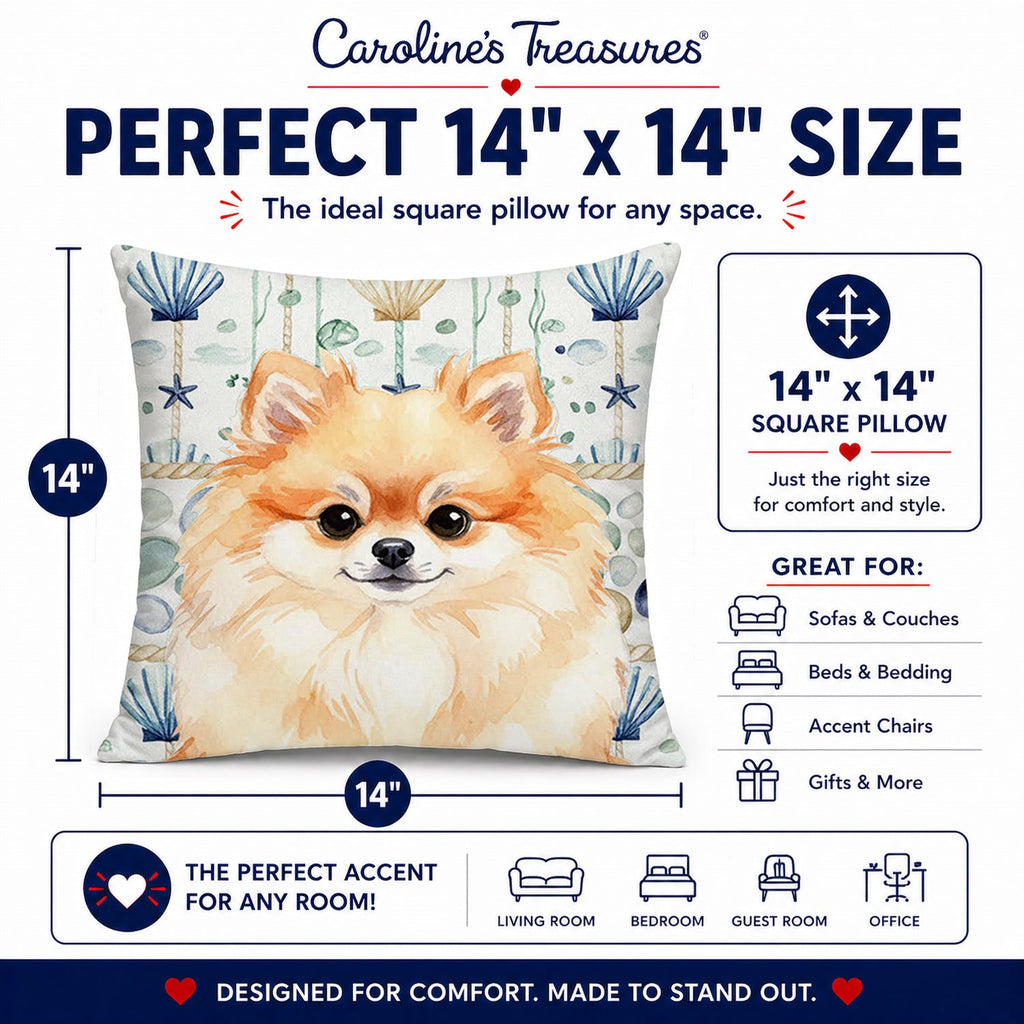 Pomeranian Coastal Sea Glass Decorative Throw Pillow 14x14 Indoor Outdoor Accent Cushion, Fabric Cover with Insert for Sofa, Bed, Porch & Living Room