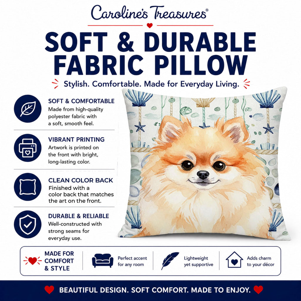 Pomeranian Coastal Sea Glass Decorative Throw Pillow 18x18 Indoor Outdoor Accent Cushion, Fabric Cover with Insert for Sofa, Bed, Porch & Living Room