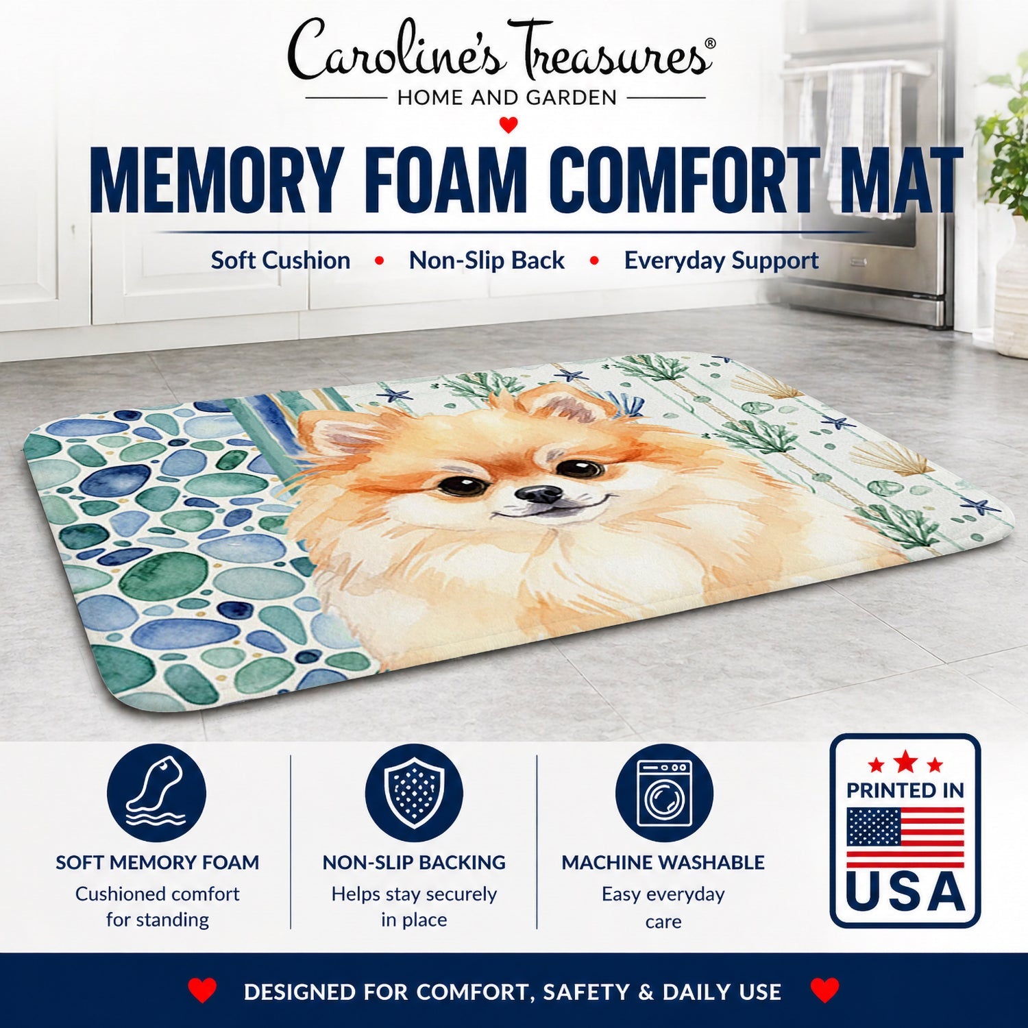 Pomeranian Coastal Sea Glass Memory Foam Kitchen Mat Machine Washable Anti-Fatigue Cushion Comfort Bath or Kitchen Rug