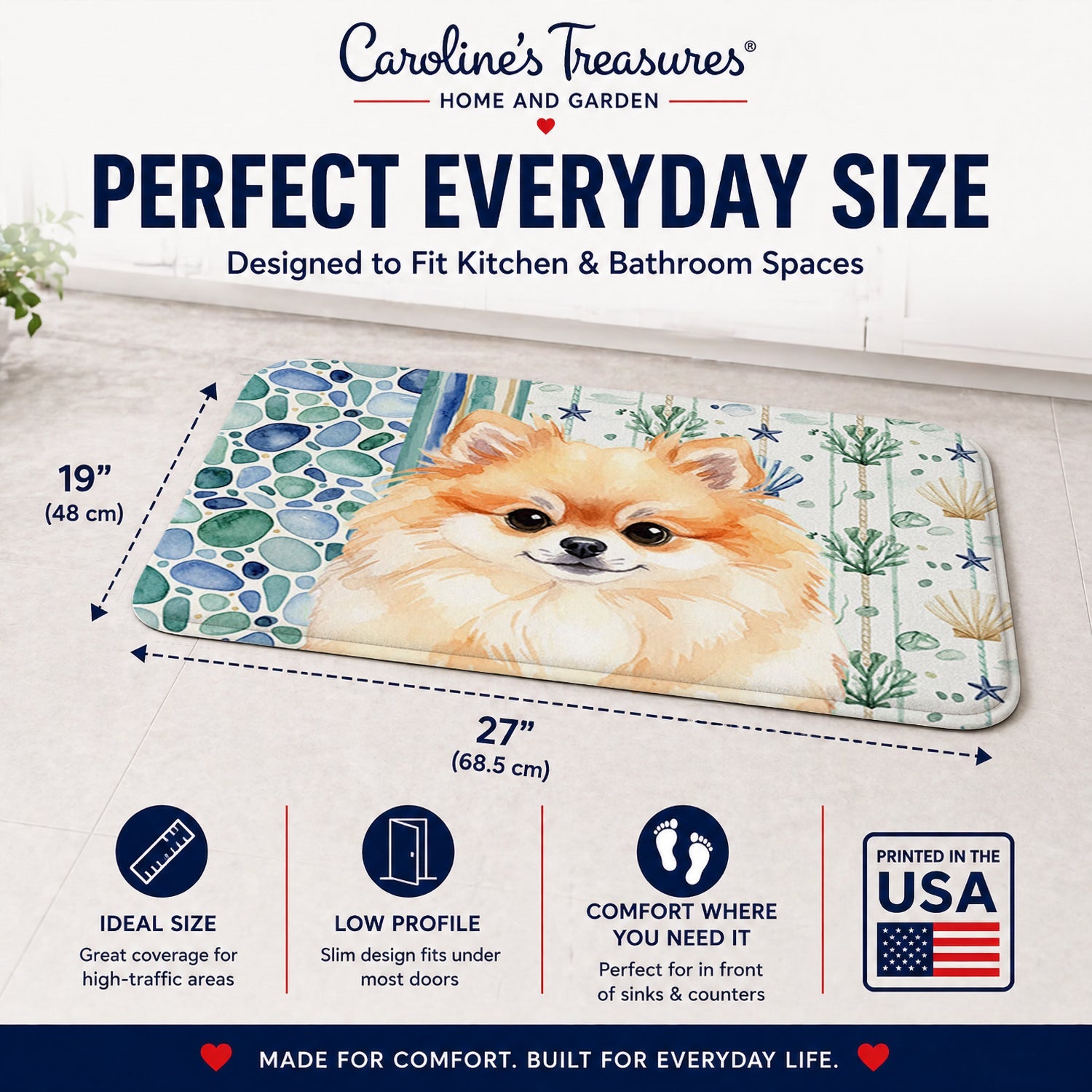 Pomeranian Coastal Sea Glass Memory Foam Kitchen Mat Machine Washable Anti-Fatigue Cushion Comfort Bath or Kitchen Rug