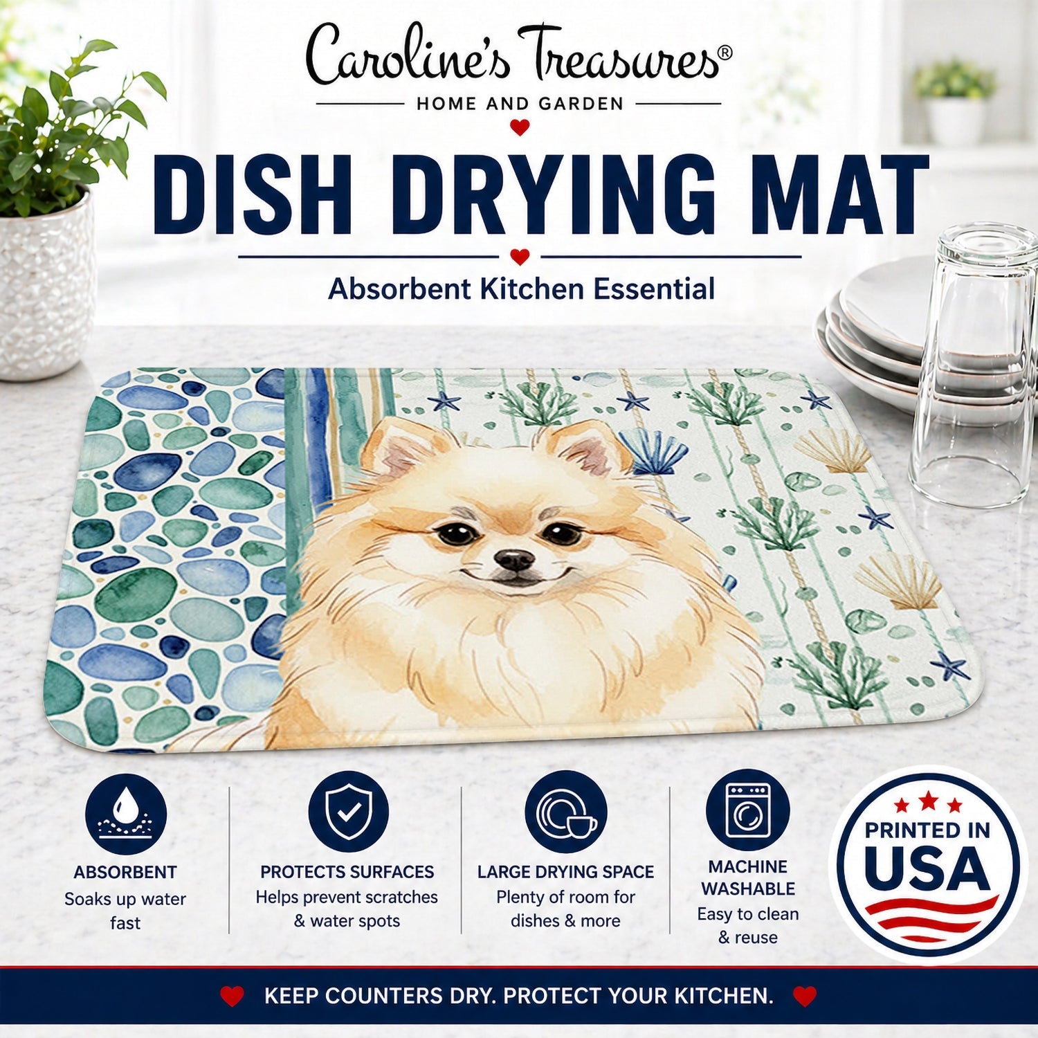 Cream Pomeranian Coastal Sea Glass Dish Drying Mat Absorbent Dish Drying Mat Pad for Kitchen Counter Dish Drainer Mat for Countertop, 14 x 21", Multicolor