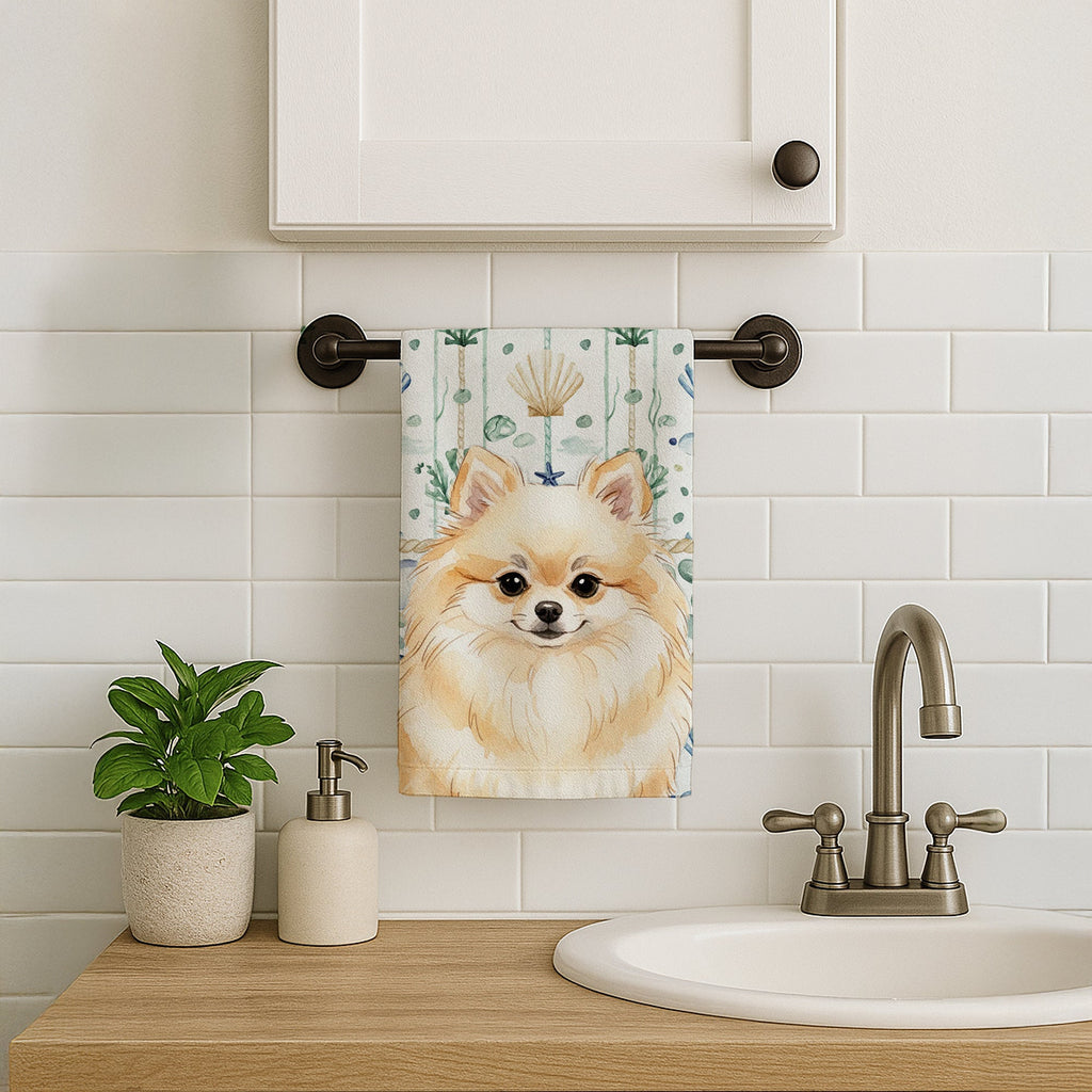 Cream Pomeranian Coastal Sea Glass Kitchen Towel Velour Plush Front and Cotton Loop Back Machine Washable