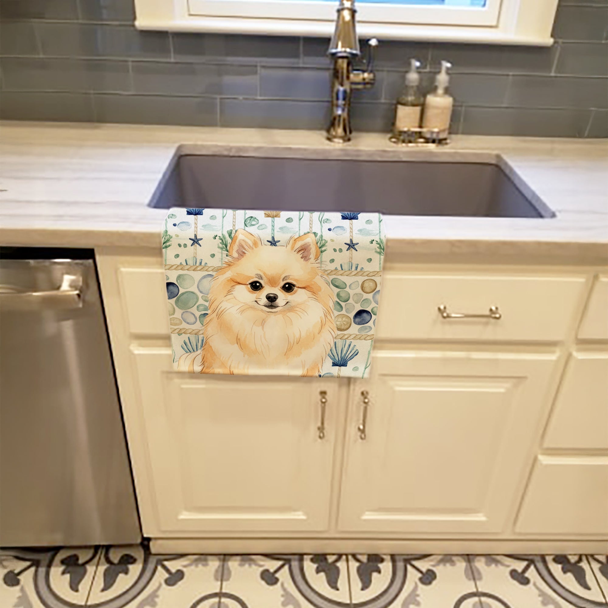 Cream Pomeranian Coastal Sea Glass Kitchen Towel Velour Plush Front and Cotton Loop Back Machine Washable