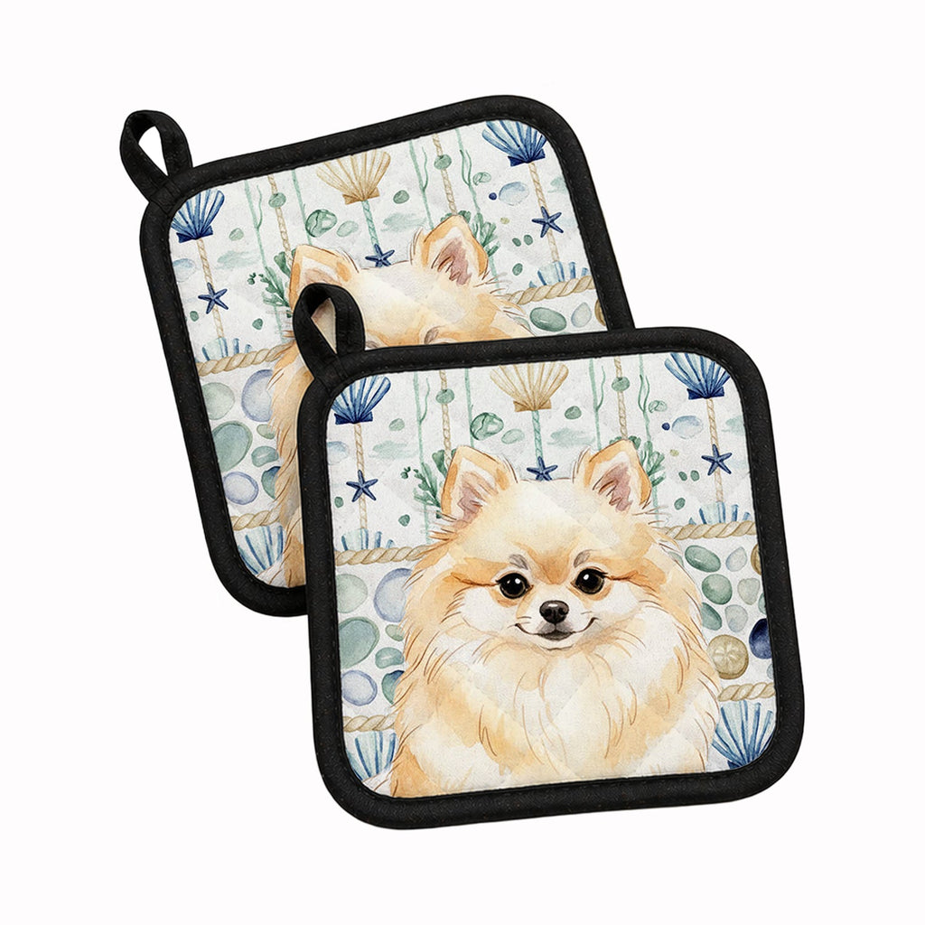Cream Pomeranian Coastal Sea Glass Pot Holder Set of 2 Heat Resistant Quilted Hot Pads 7.5 x 7.5 Inch, Insulated Kitchen Trivets for Cooking & Baking