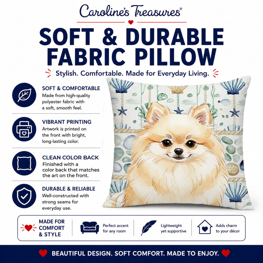 Cream Pomeranian Coastal Sea Glass Decorative Throw Pillow 14x14 Indoor Outdoor Accent Cushion, Fabric Cover with Insert for Sofa, Bed, Porch & Living Room