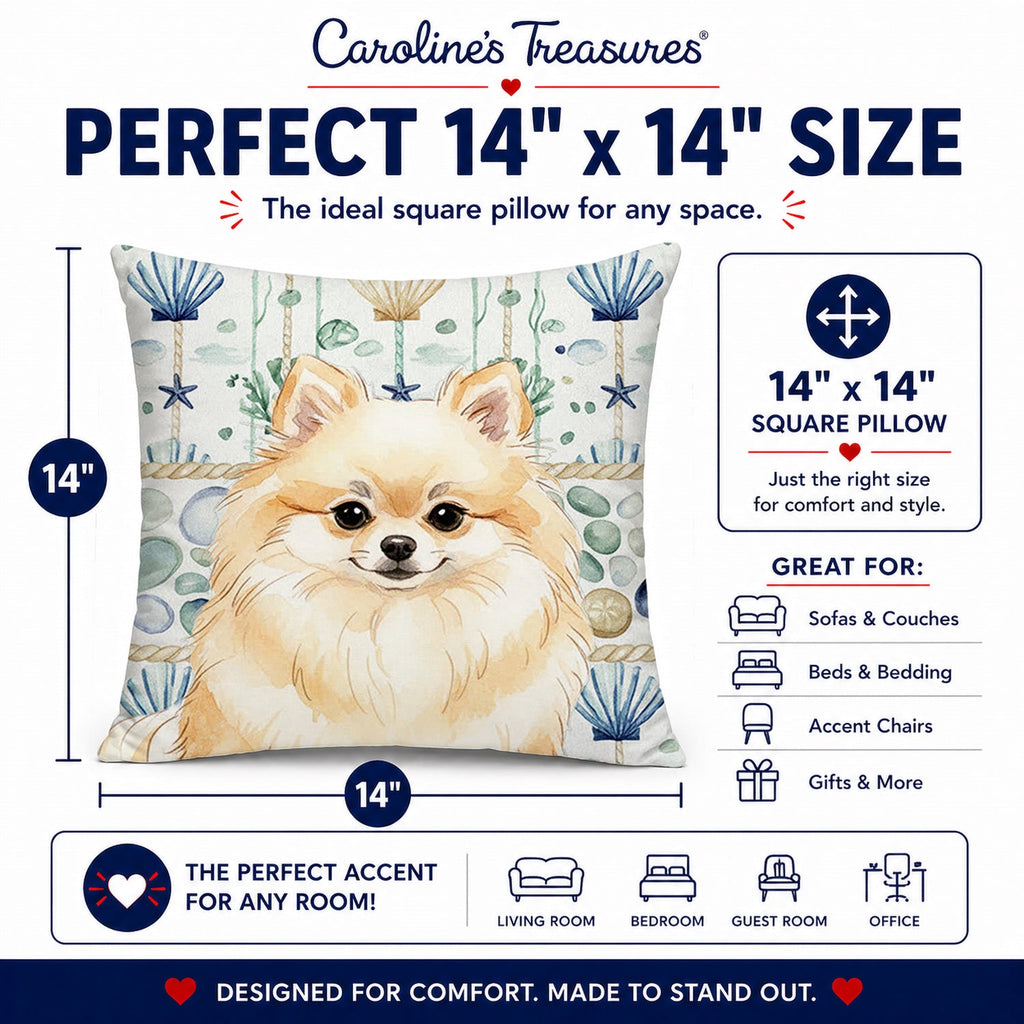 Cream Pomeranian Coastal Sea Glass Decorative Throw Pillow 14x14 Indoor Outdoor Accent Cushion, Fabric Cover with Insert for Sofa, Bed, Porch & Living Room