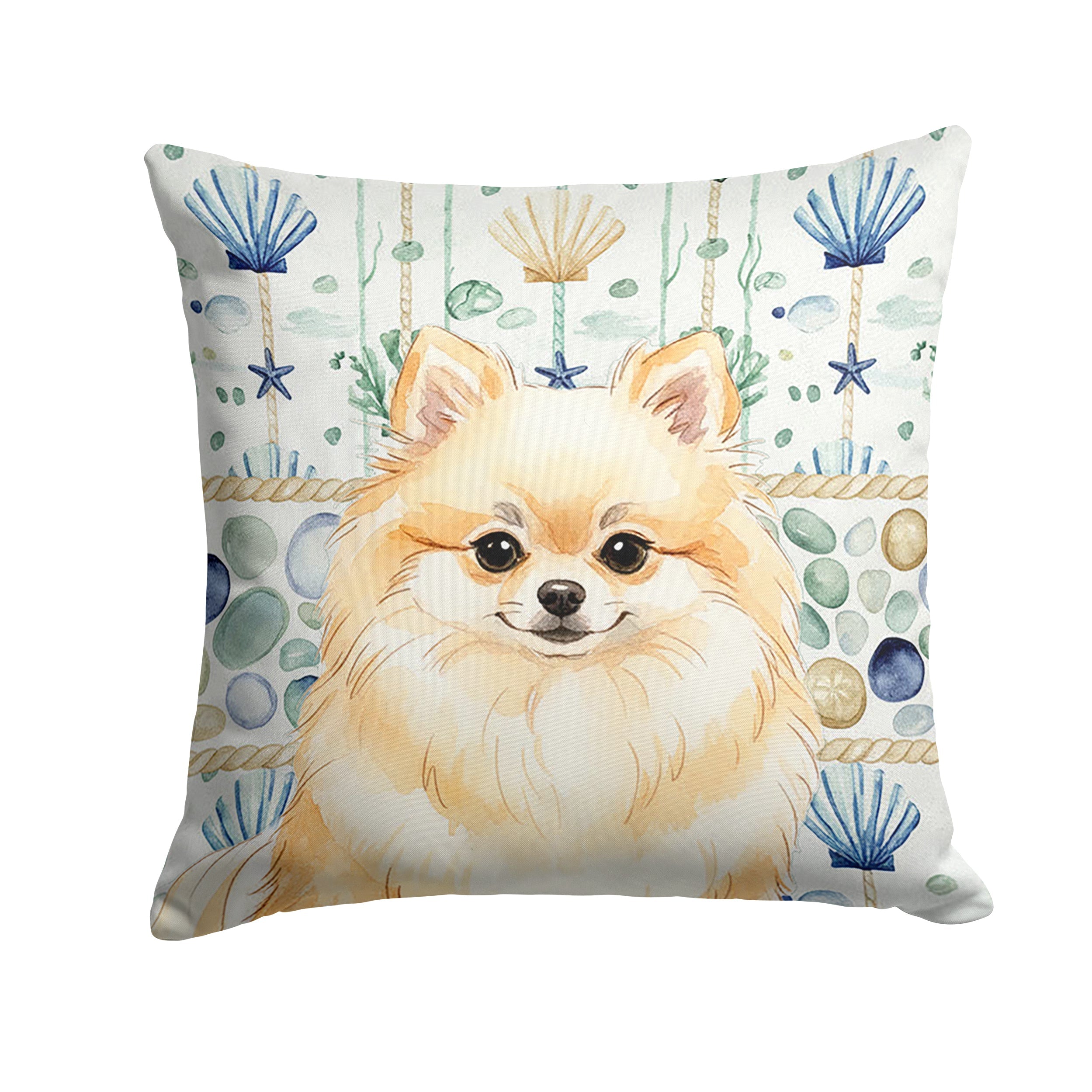 Cream Pomeranian Coastal Sea Glass Decorative Throw Pillow 14x14 Indoor Outdoor Accent Cushion, Fabric Cover with Insert for Sofa, Bed, Porch & Living Room