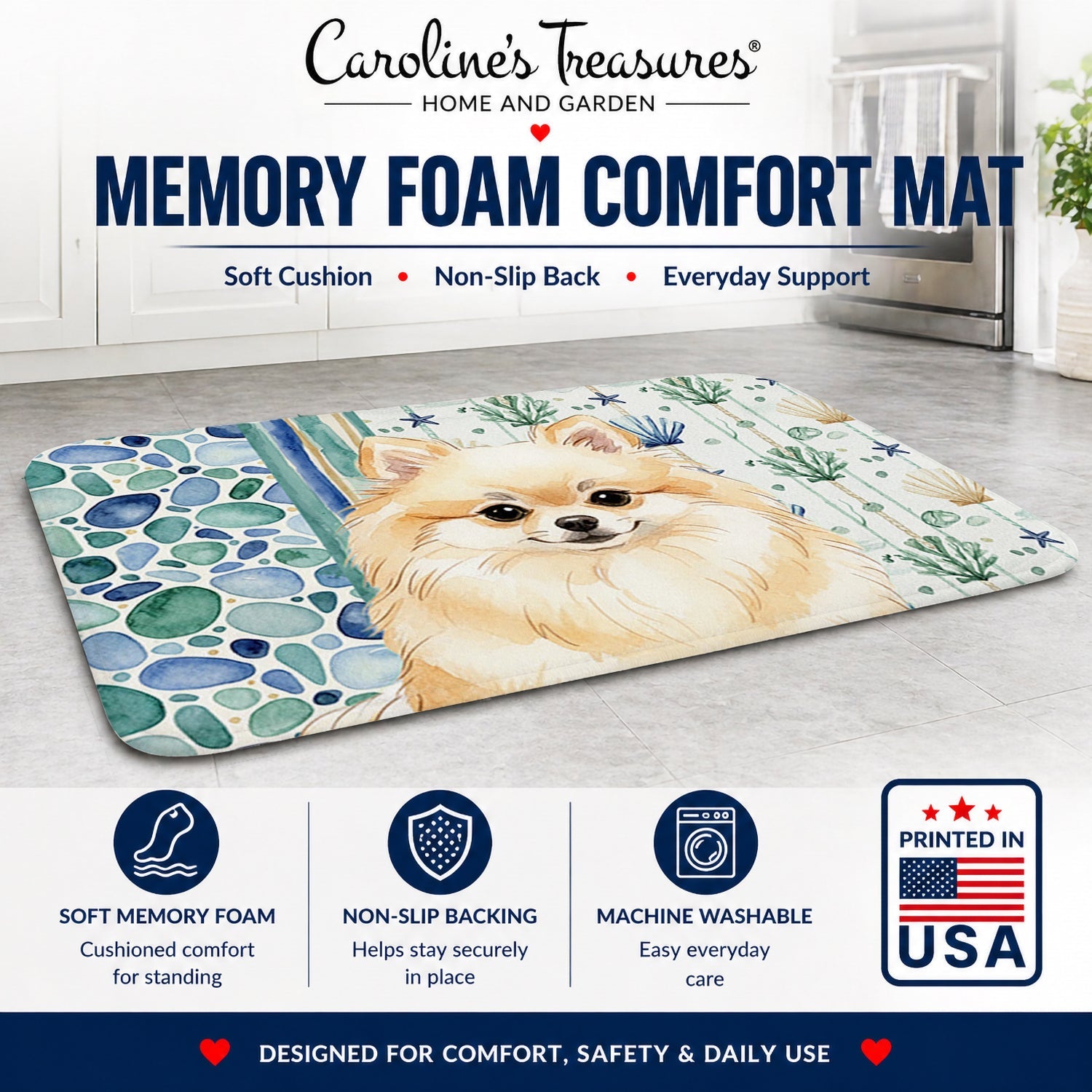 Cream Pomeranian Coastal Sea Glass Memory Foam Kitchen Mat Machine Washable Anti-Fatigue Cushion Comfort Bath or Kitchen Rug