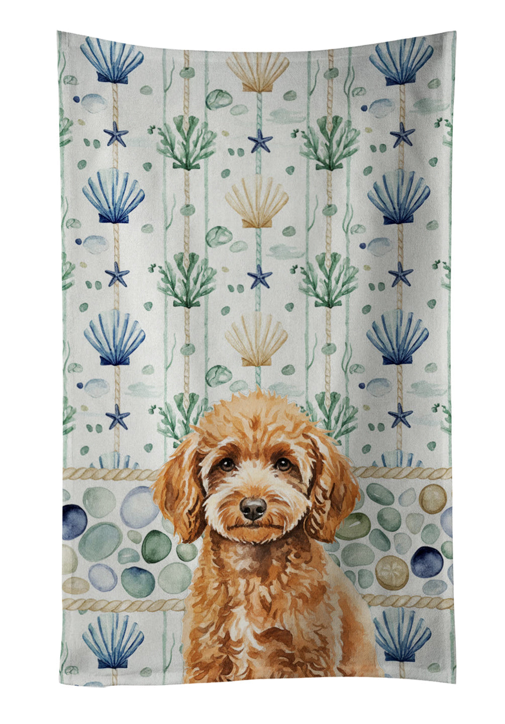 Miniature Apricot Poodle Coastal Sea Glass Kitchen Towel Velour Plush Front and Cotton Loop Back Machine Washable