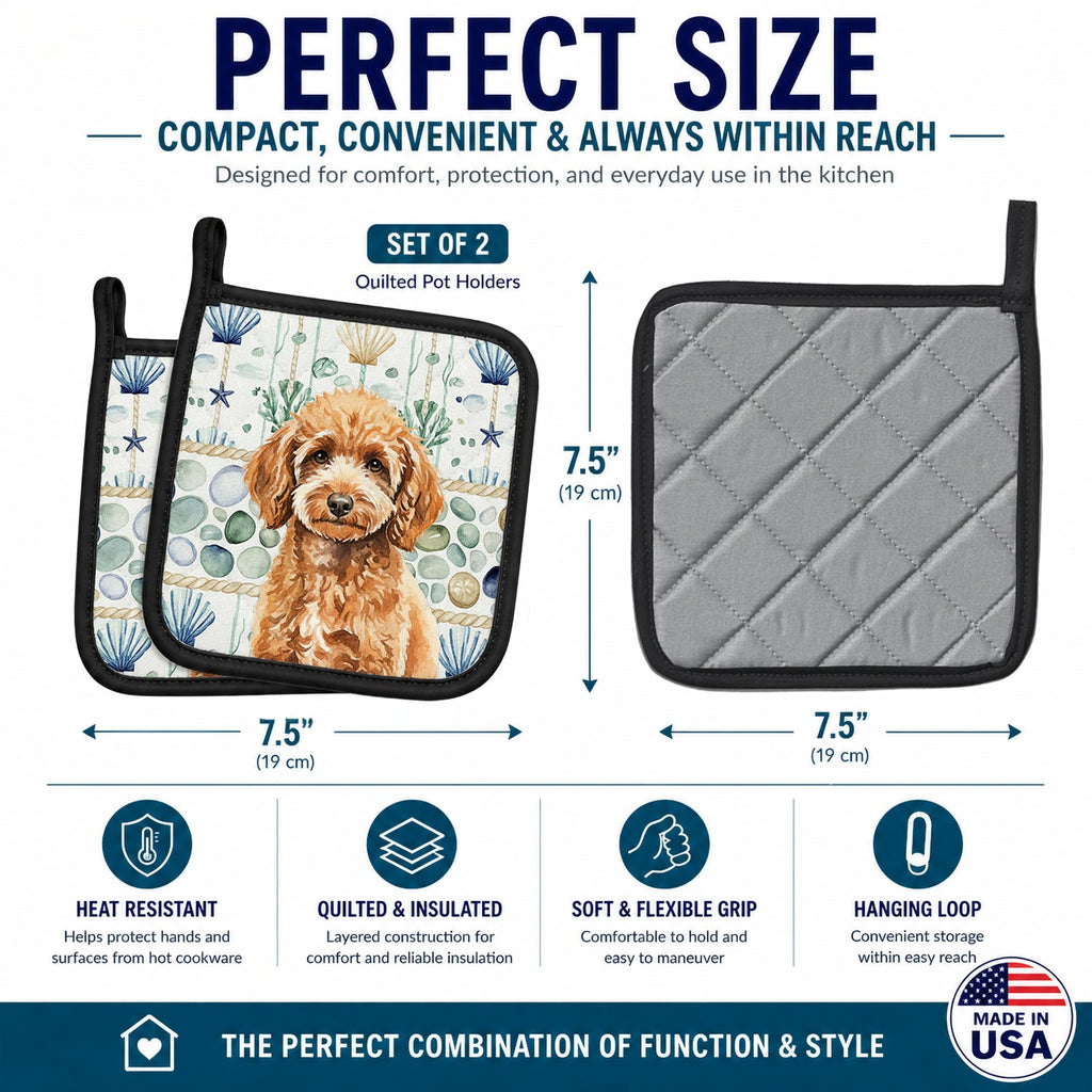 Miniature Apricot Poodle Coastal Sea Glass Pot Holder Set of 2 Heat Resistant Quilted Hot Pads 7.5 x 7.5 Inch, Insulated Kitchen Trivets for Cooking & Baking