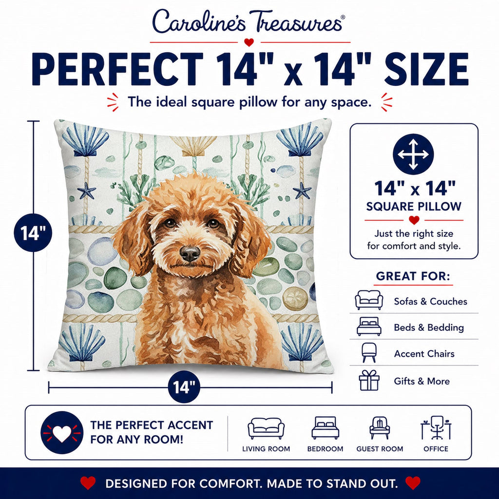 Miniature Apricot Poodle Coastal Sea Glass Decorative Throw Pillow 14x14 Indoor Outdoor Accent Cushion, Fabric Cover with Insert for Sofa, Bed, Porch & Living Room