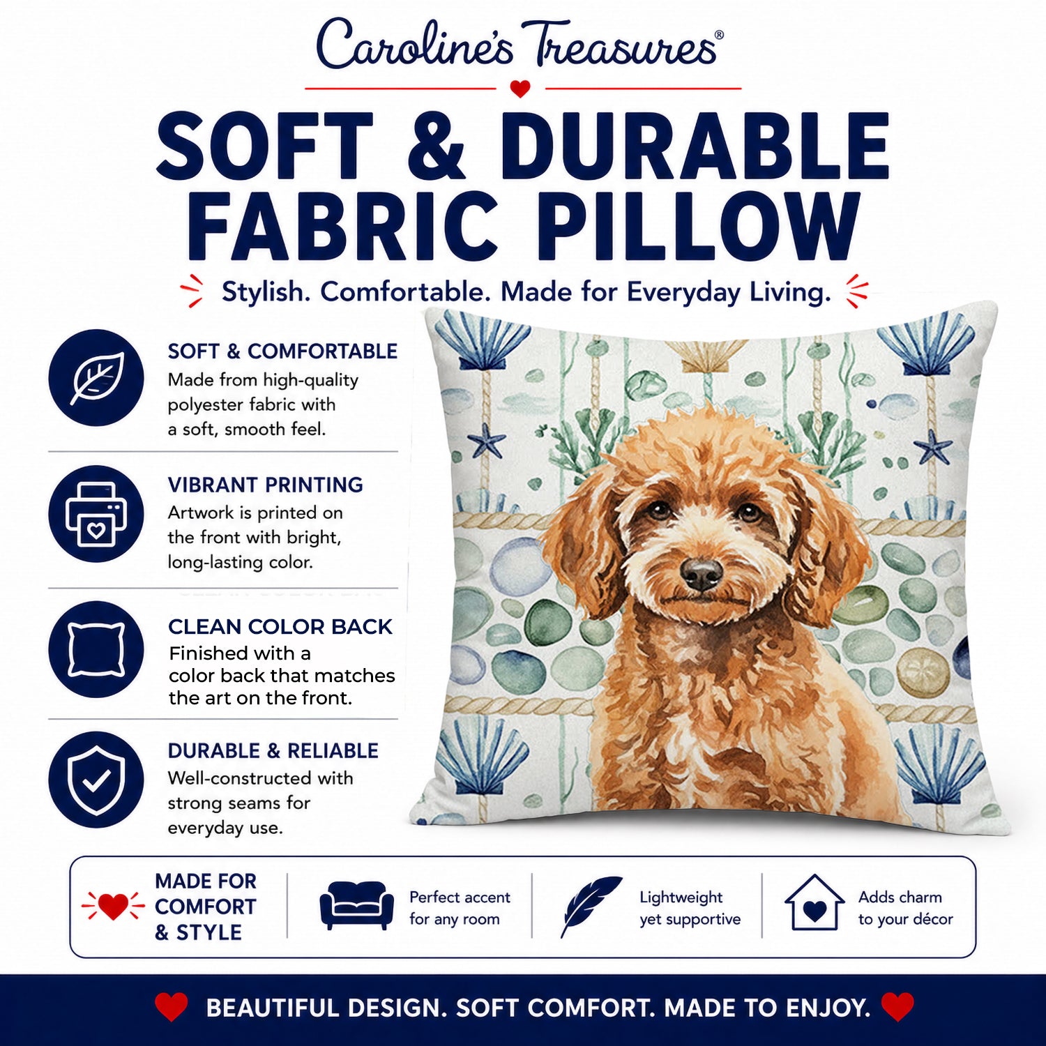Miniature Apricot Poodle Coastal Sea Glass Decorative Throw Pillow 18x18 Indoor Outdoor Accent Cushion, Fabric Cover with Insert for Sofa, Bed, Porch & Living Room