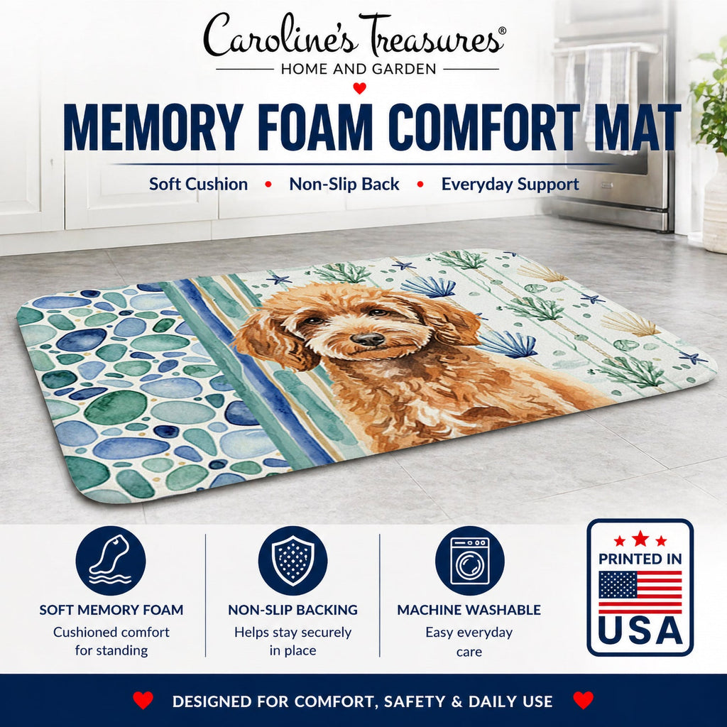 Miniature Apricot Poodle Coastal Sea Glass Memory Foam Kitchen Mat Machine Washable Anti-Fatigue Cushion Comfort Bath or Kitchen Rug