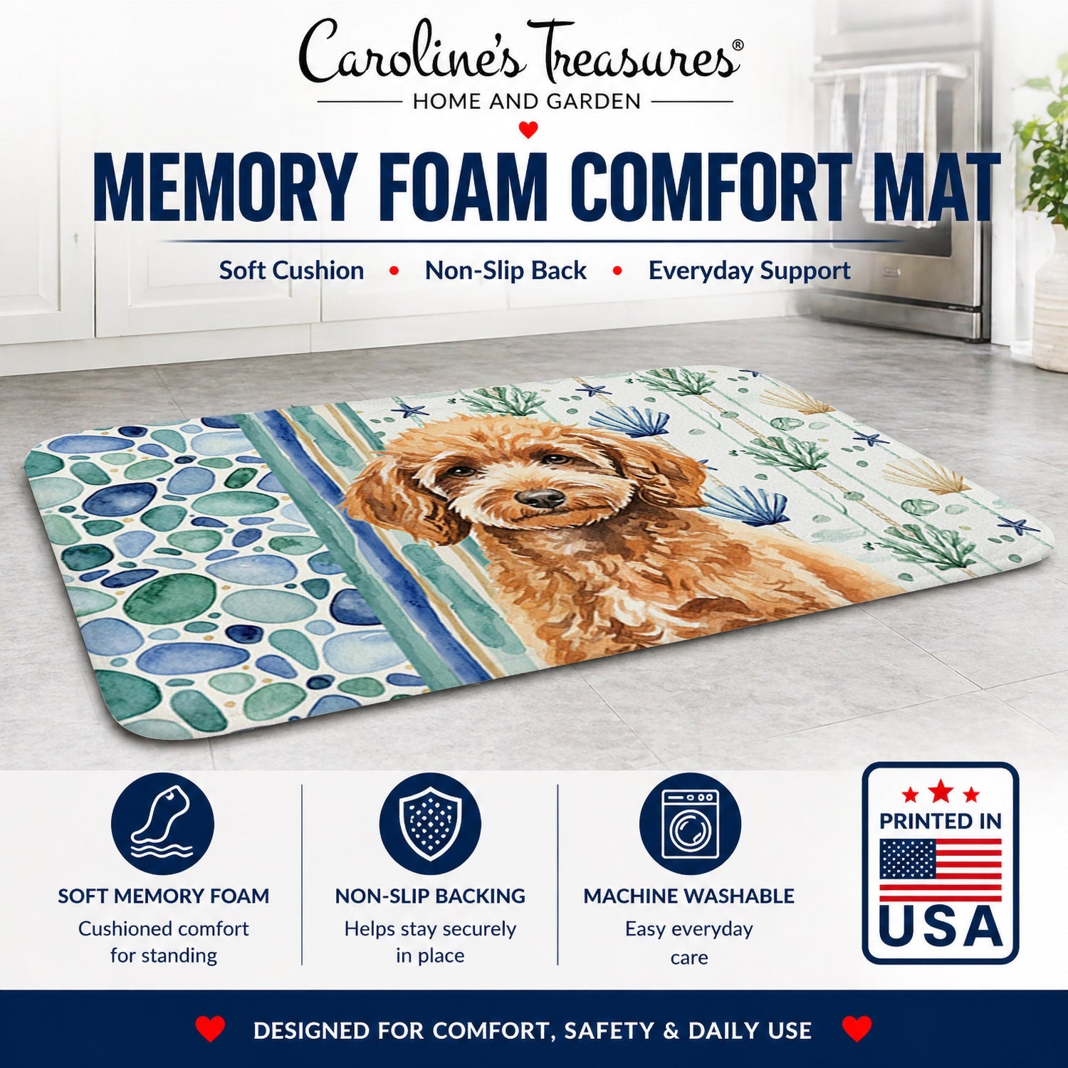 Miniature Apricot Poodle Coastal Sea Glass Memory Foam Kitchen Mat Machine Washable Anti-Fatigue Cushion Comfort Bath or Kitchen Rug