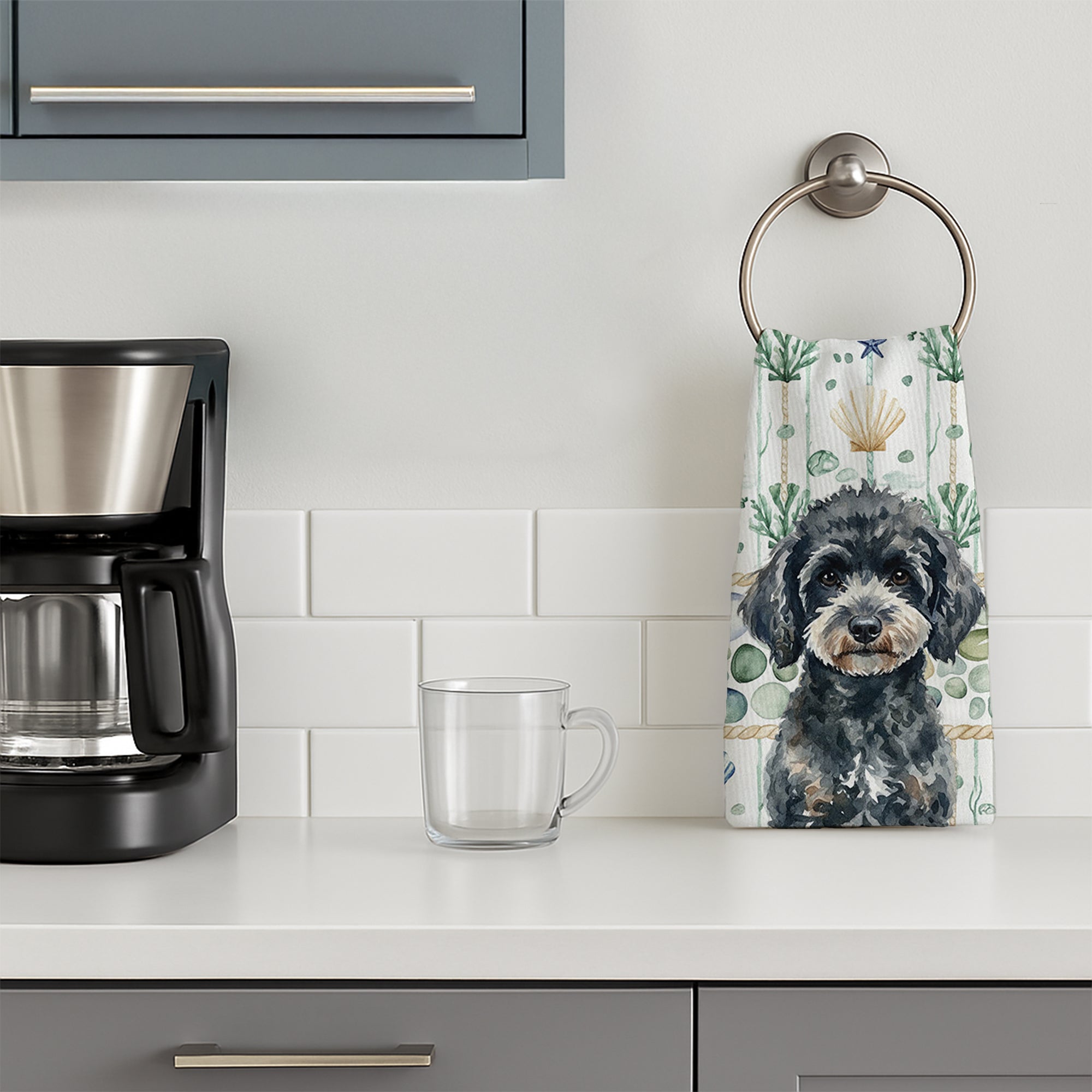 Miniature Black Poodle Coastal Sea Glass Kitchen Towel Velour Plush Front and Cotton Loop Back Machine Washable