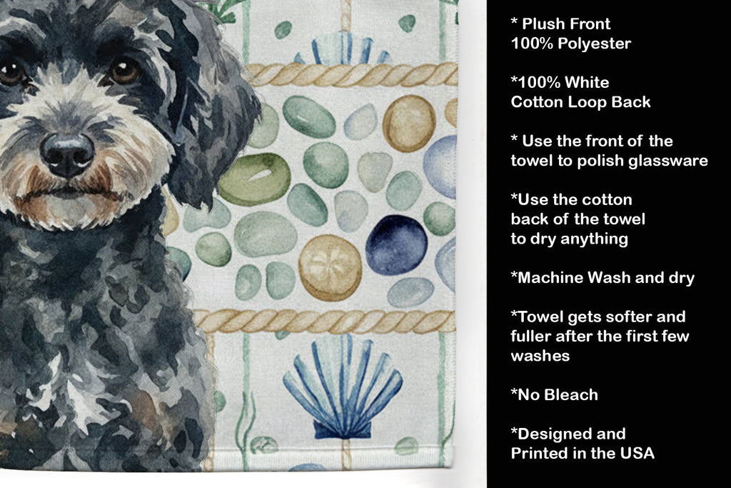 Miniature Black Poodle Coastal Sea Glass Kitchen Towel Velour Plush Front and Cotton Loop Back Machine Washable