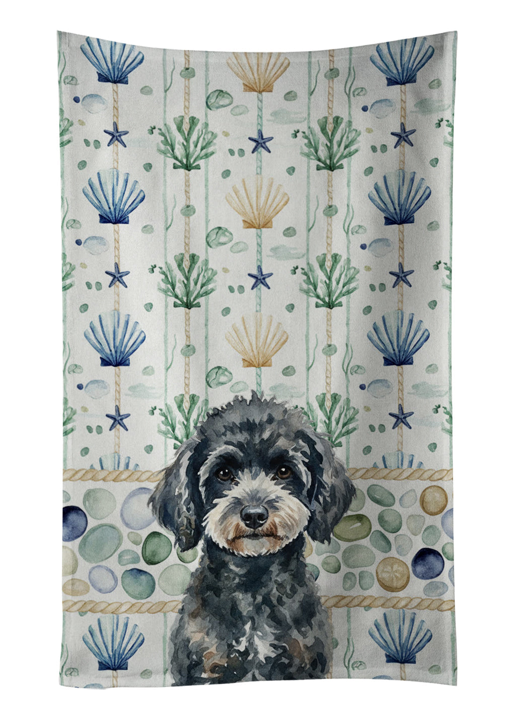 Miniature Black Poodle Coastal Sea Glass Kitchen Towel Velour Plush Front and Cotton Loop Back Machine Washable