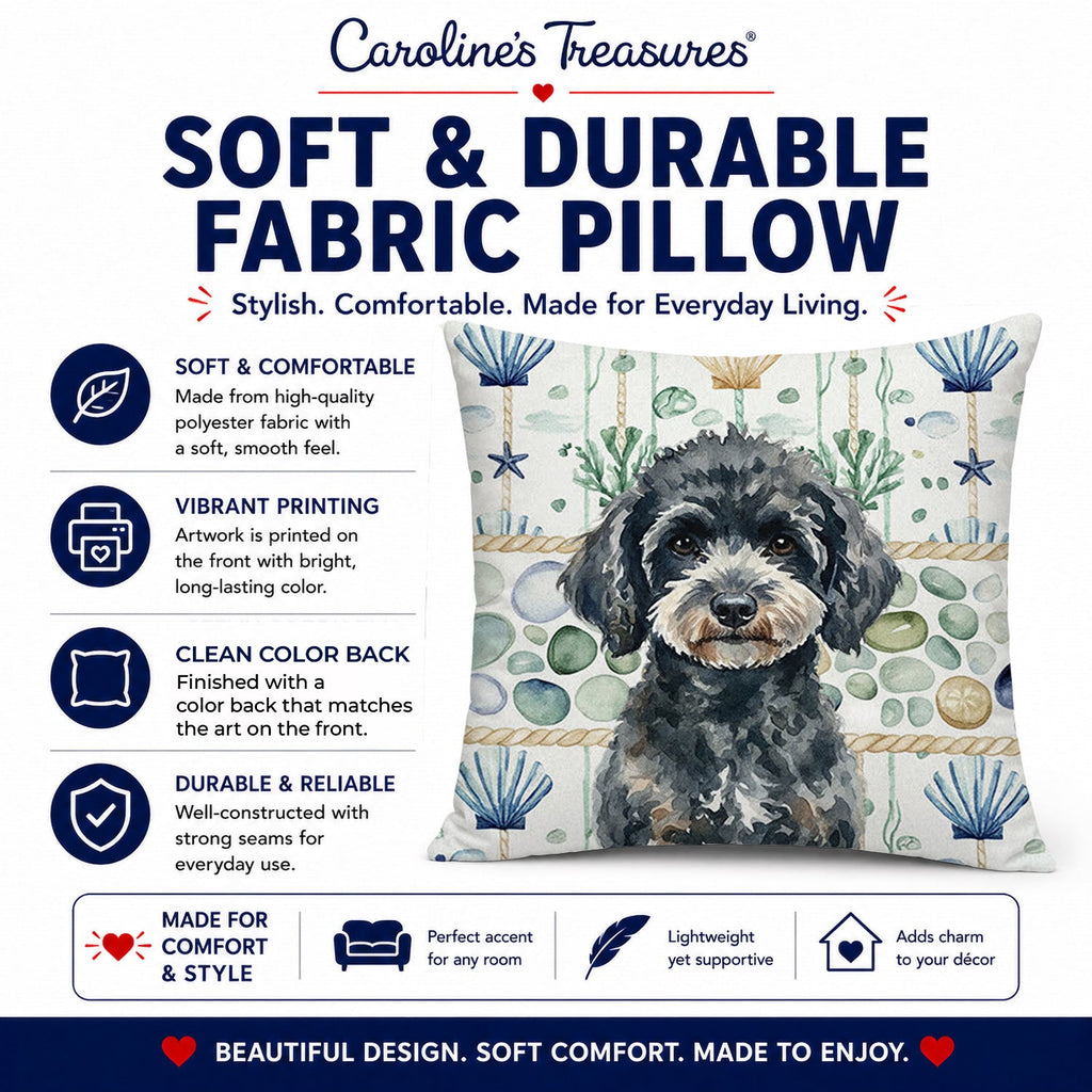 Miniature Black Poodle Coastal Sea Glass Decorative Throw Pillow 14x14 Indoor Outdoor Accent Cushion, Fabric Cover with Insert for Sofa, Bed, Porch & Living Room