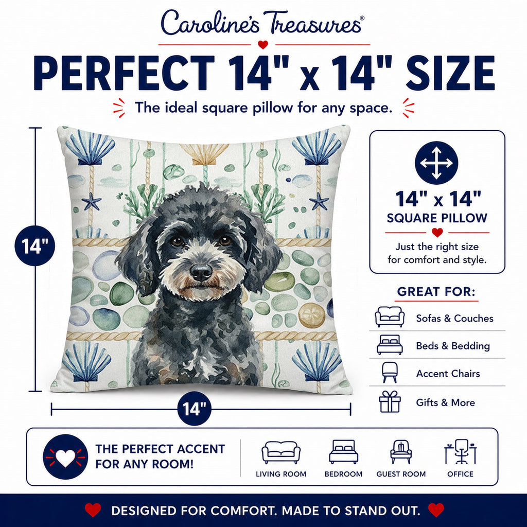 Miniature Black Poodle Coastal Sea Glass Decorative Throw Pillow 14x14 Indoor Outdoor Accent Cushion, Fabric Cover with Insert for Sofa, Bed, Porch & Living Room