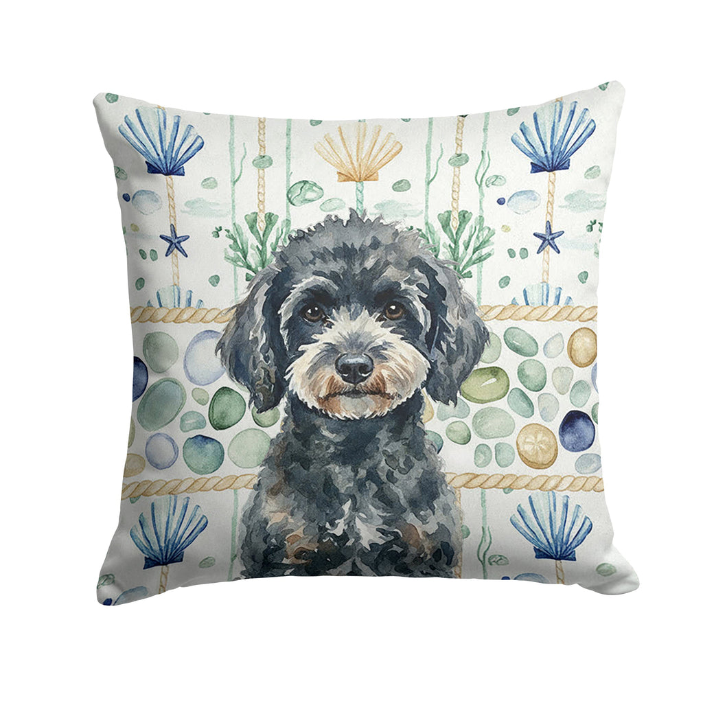 Miniature Black Poodle Coastal Sea Glass Decorative Throw Pillow 14x14 Indoor Outdoor Accent Cushion, Fabric Cover with Insert for Sofa, Bed, Porch & Living Room